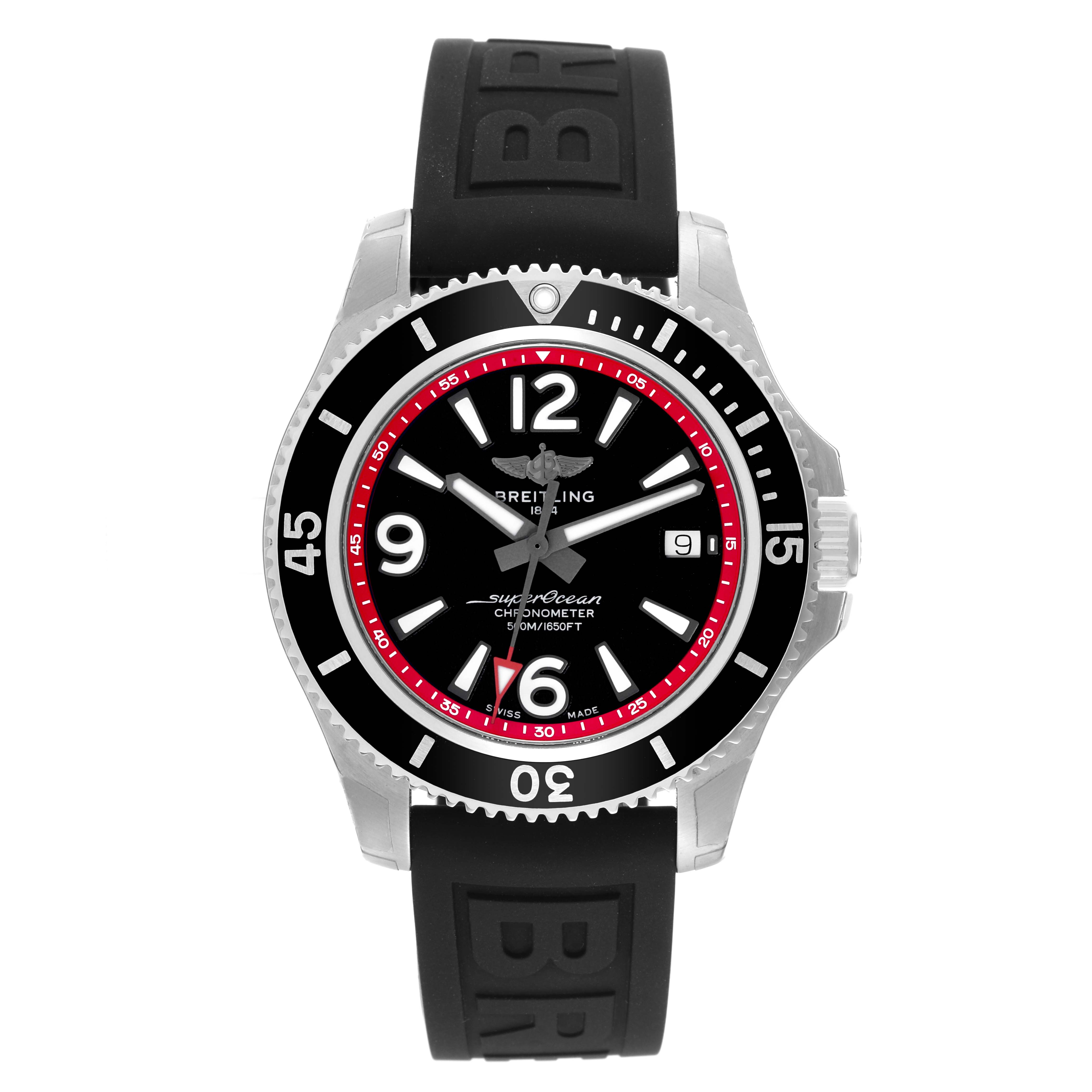 The image shows the front view of a Breitling Superocean A17366D71B2S1 Men's Stainless Steel Black Dial A17366D71B2S1 Men's Stainless Steel Black Dial watch, highlighting its bezel, dial, and rubber strap.