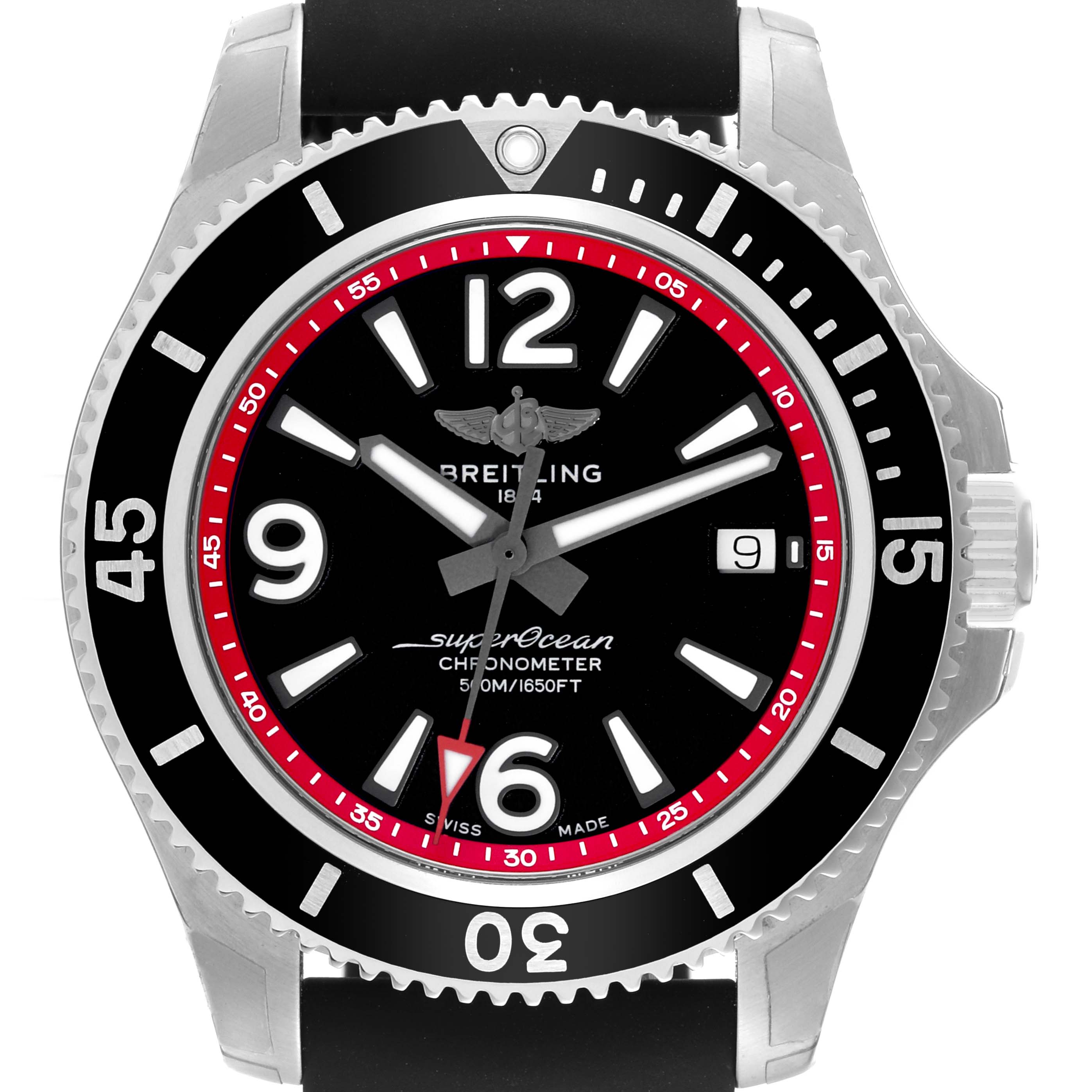 Front view of the Breitling Superocean A17366D71B2S1 Men's Stainless Steel Black Dial A17366D71B2S1 Men's Stainless Steel Black Dial watch, showcasing the dial, bezel, and part of the strap.