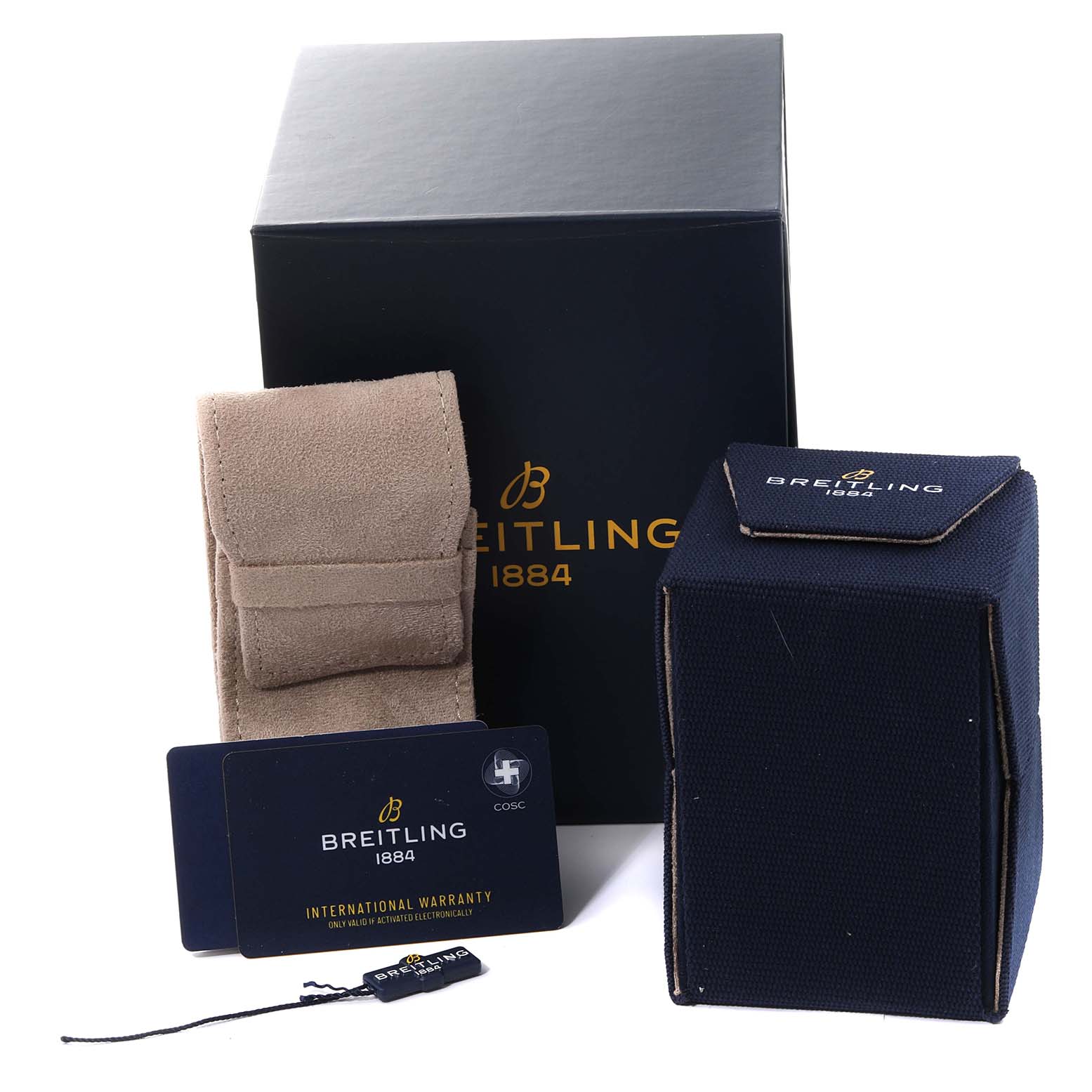 The image shows the box, case, warranty card, and tag for a Breitling Superocean A17366D71B2S1 Men's Stainless Steel Black Dial A17366D71B2S1 Men's Stainless Steel Black Dial watch from a front-angle view.