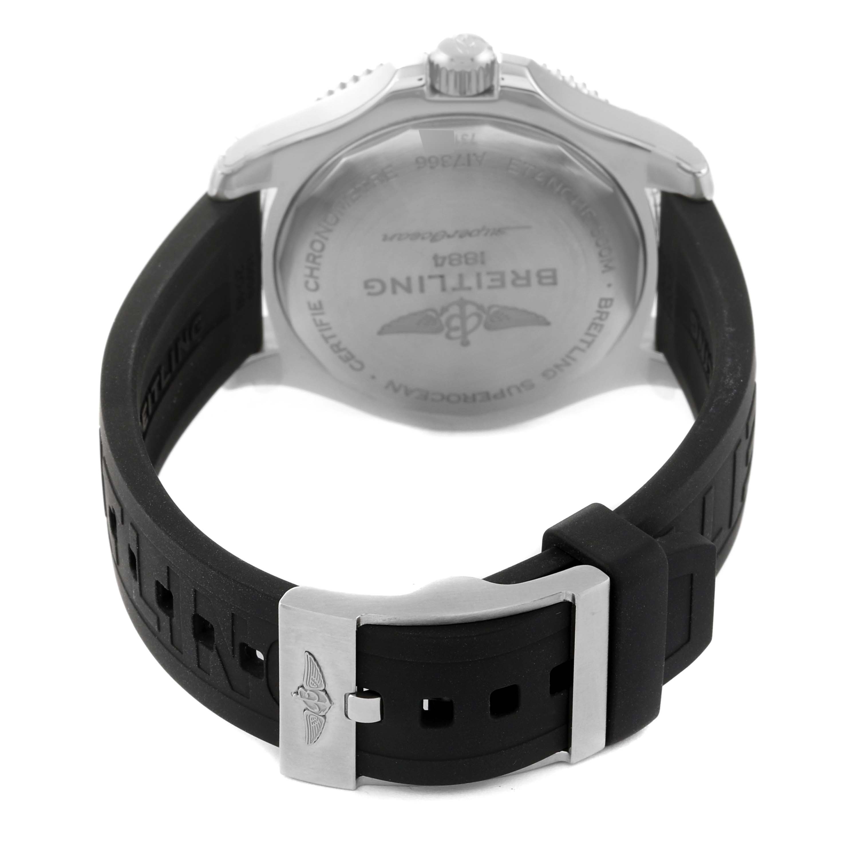 The image shows the back and strap of a Breitling Superocean A17366D71B2S1 Men's Stainless Steel Black Dial A17366D71B2S1 Men's Stainless Steel Black Dial watch, focusing on the case back and buckle clasp.