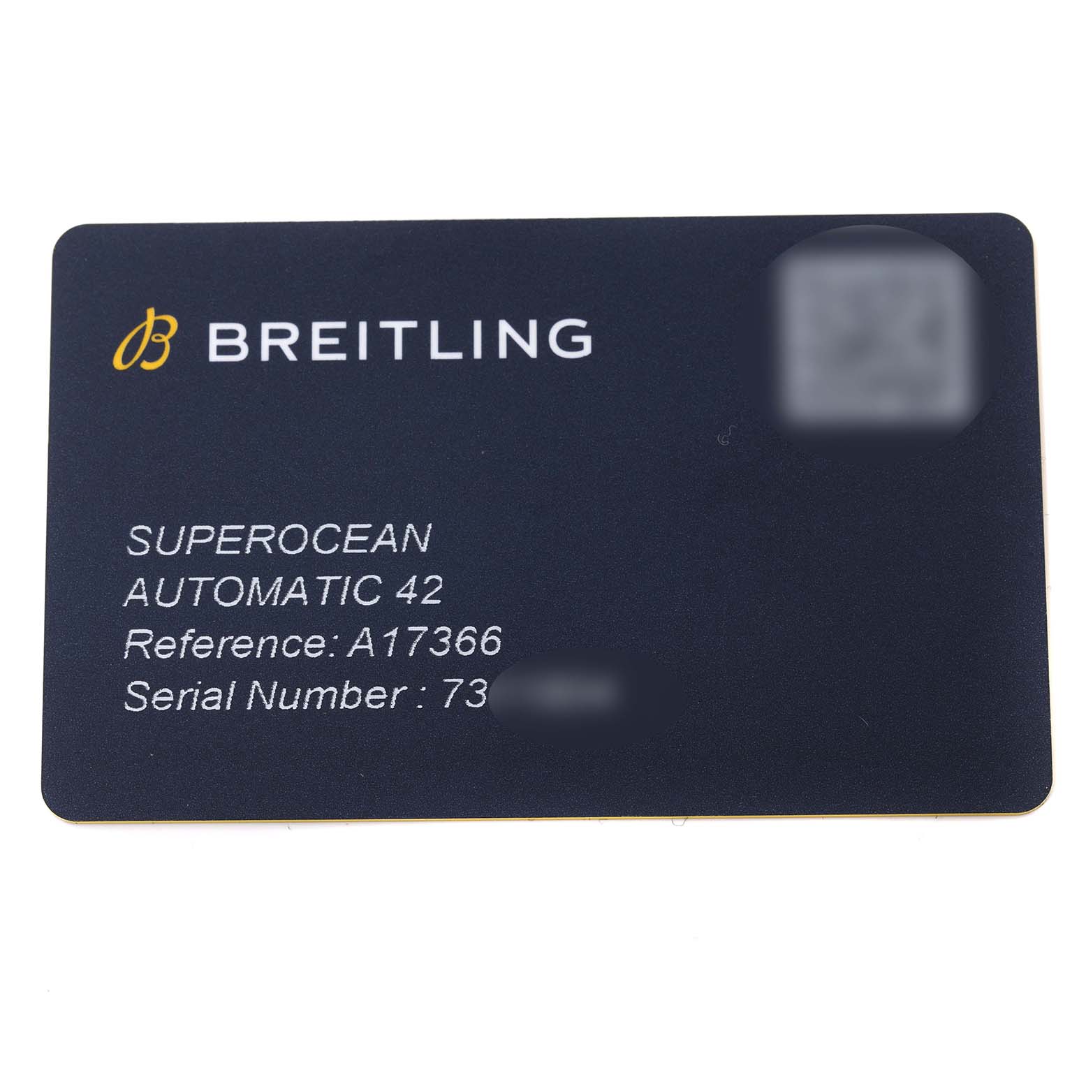 This image shows a close-up of the warranty card for the Breitling Superocean A17366D71B2S1 Men's Stainless Steel Black Dial A17366D71B2S1 Men's Stainless Steel Black Dial Automatic 42 watch, displaying the reference and serial numbers.