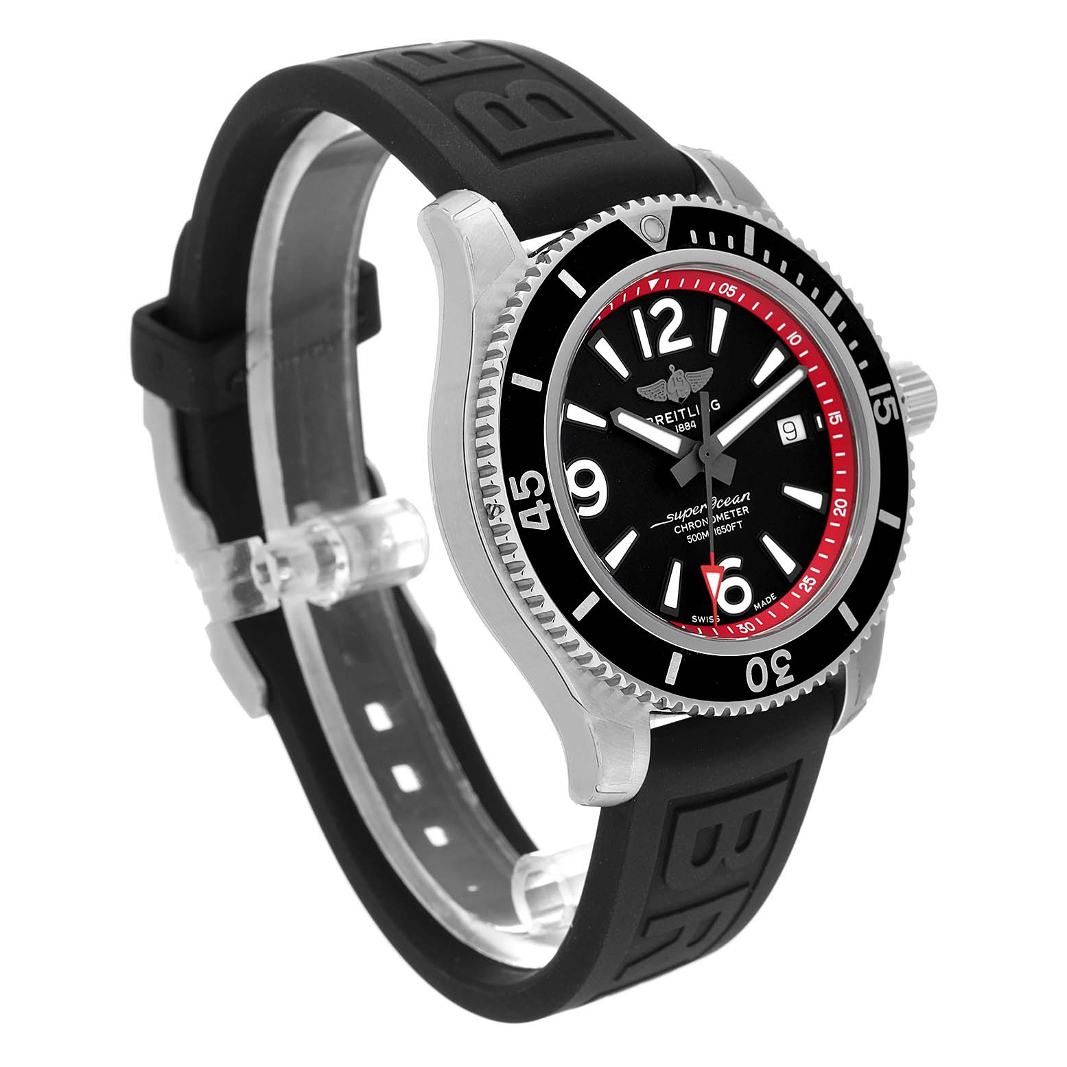 The Breitling Superocean A17366D71B2S1 Men's Stainless Steel Black Dial A17366D71B2S1 Men's Stainless Steel Black Dial watch is shown at a slight angle, featuring the face, bezel, and rubber strap.