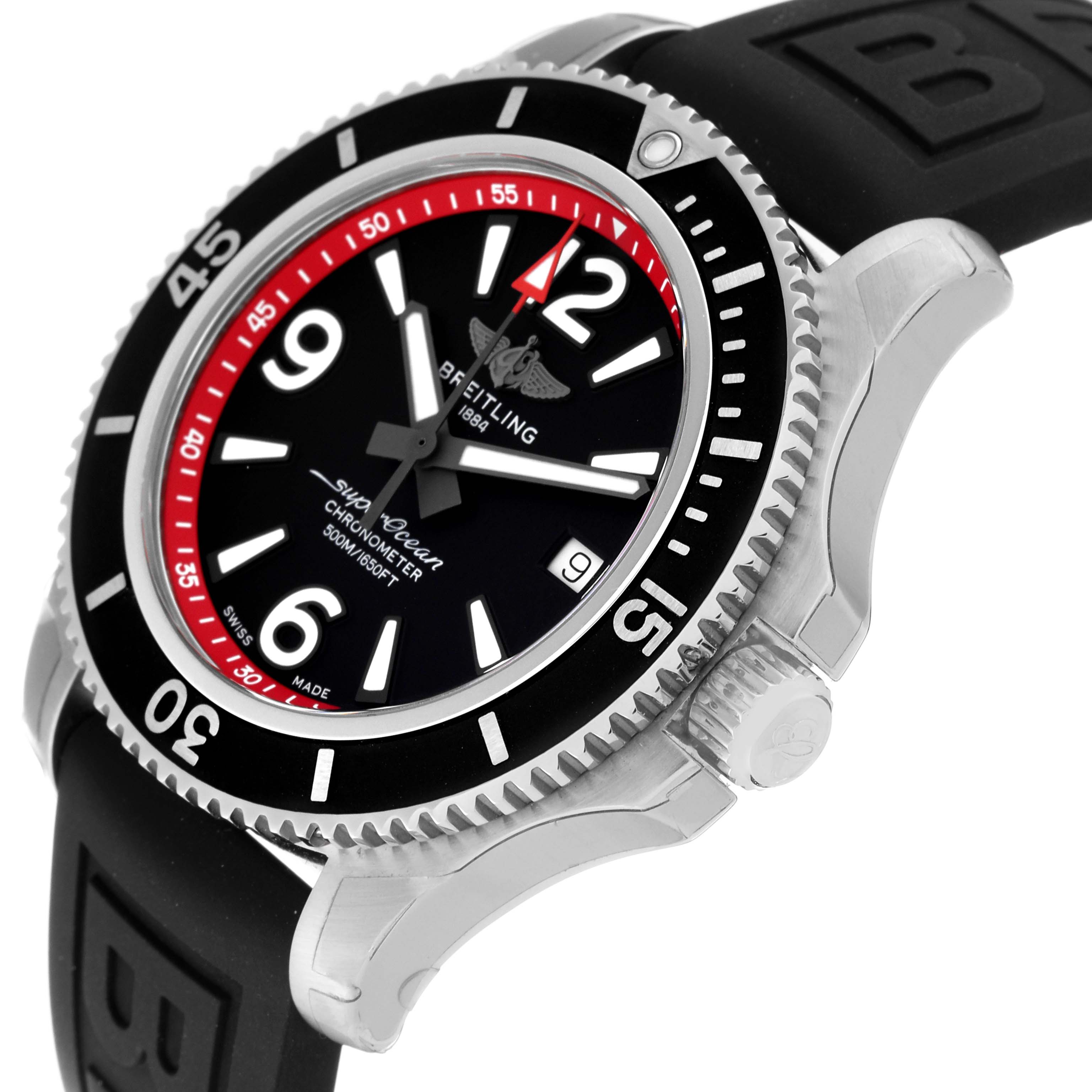 The Breitling Superocean A17366D71B2S1 Men's Stainless Steel Black Dial A17366D71B2S1 Men's Stainless Steel Black Dial watch is shown at an angle highlighting the face, bezel, crown, and a black rubber strap.