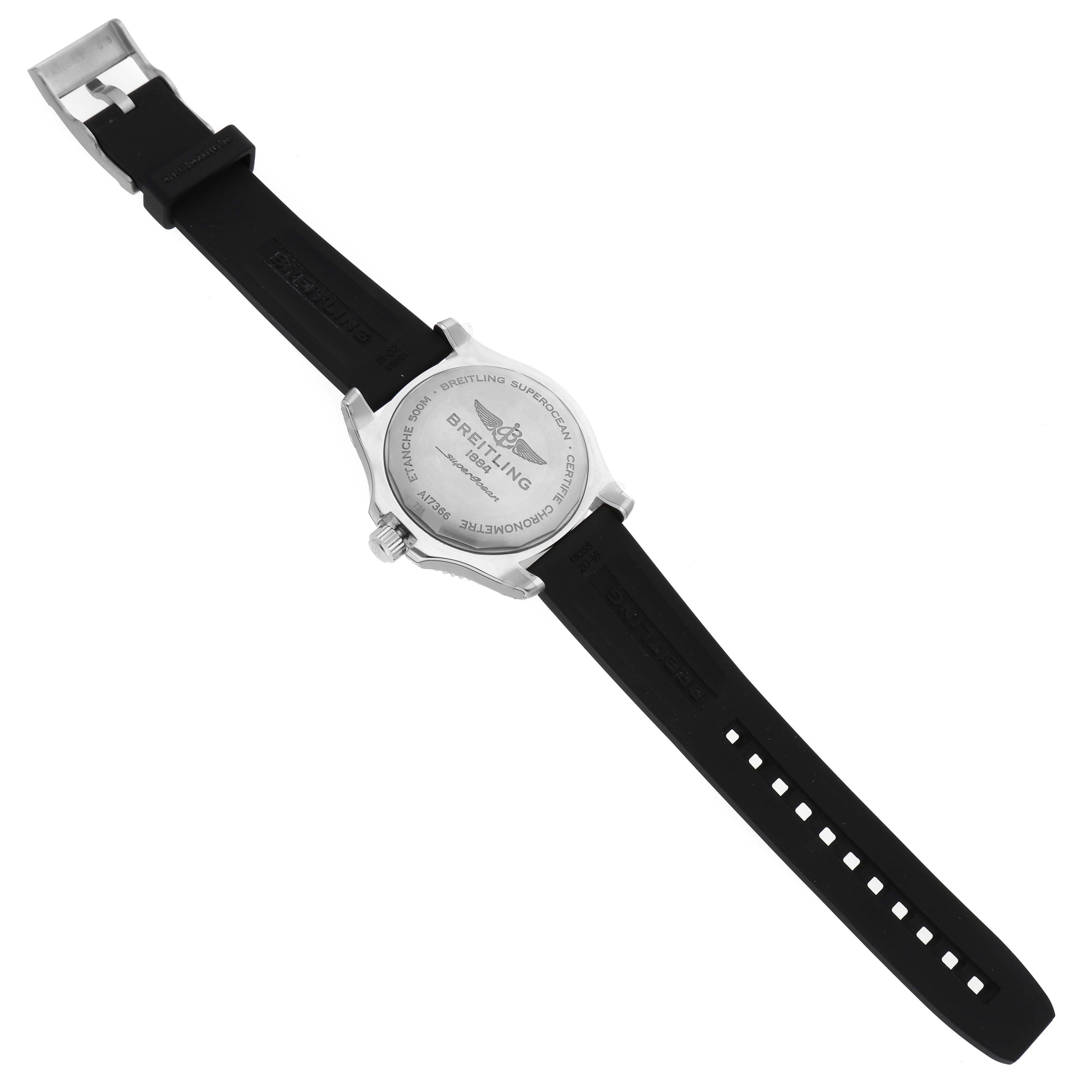 The image shows the back view of a Breitling Superocean A17366D71B2S1 Men's Stainless Steel Black Dial A17366D71B2S1 Men's Stainless Steel Black Dial watch, highlighting the case back and black rubber strap.