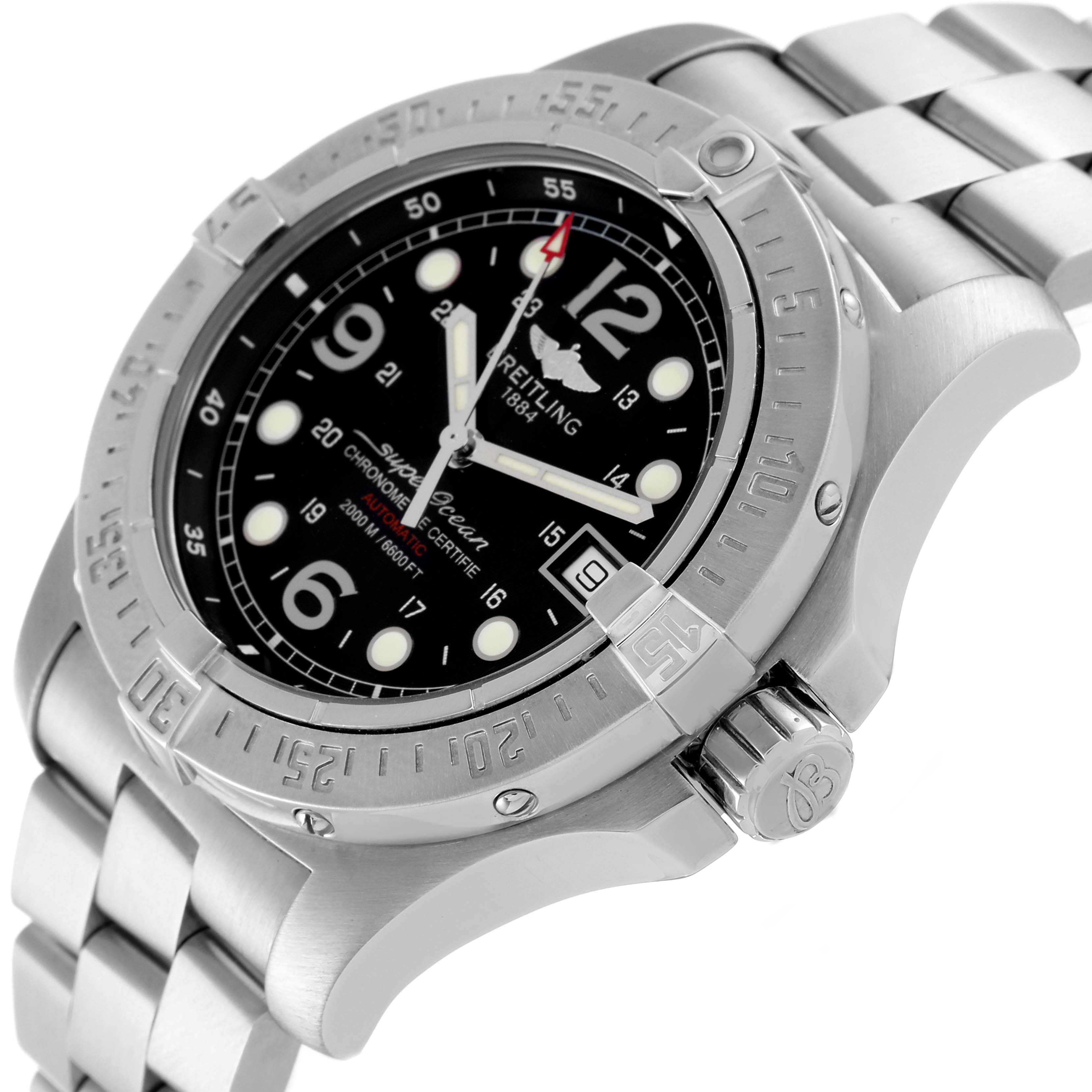The image shows a close-up angled view of the Superocean model by Breitling, highlighting the bezel, dial, crown, and part of the metal bracelet.
