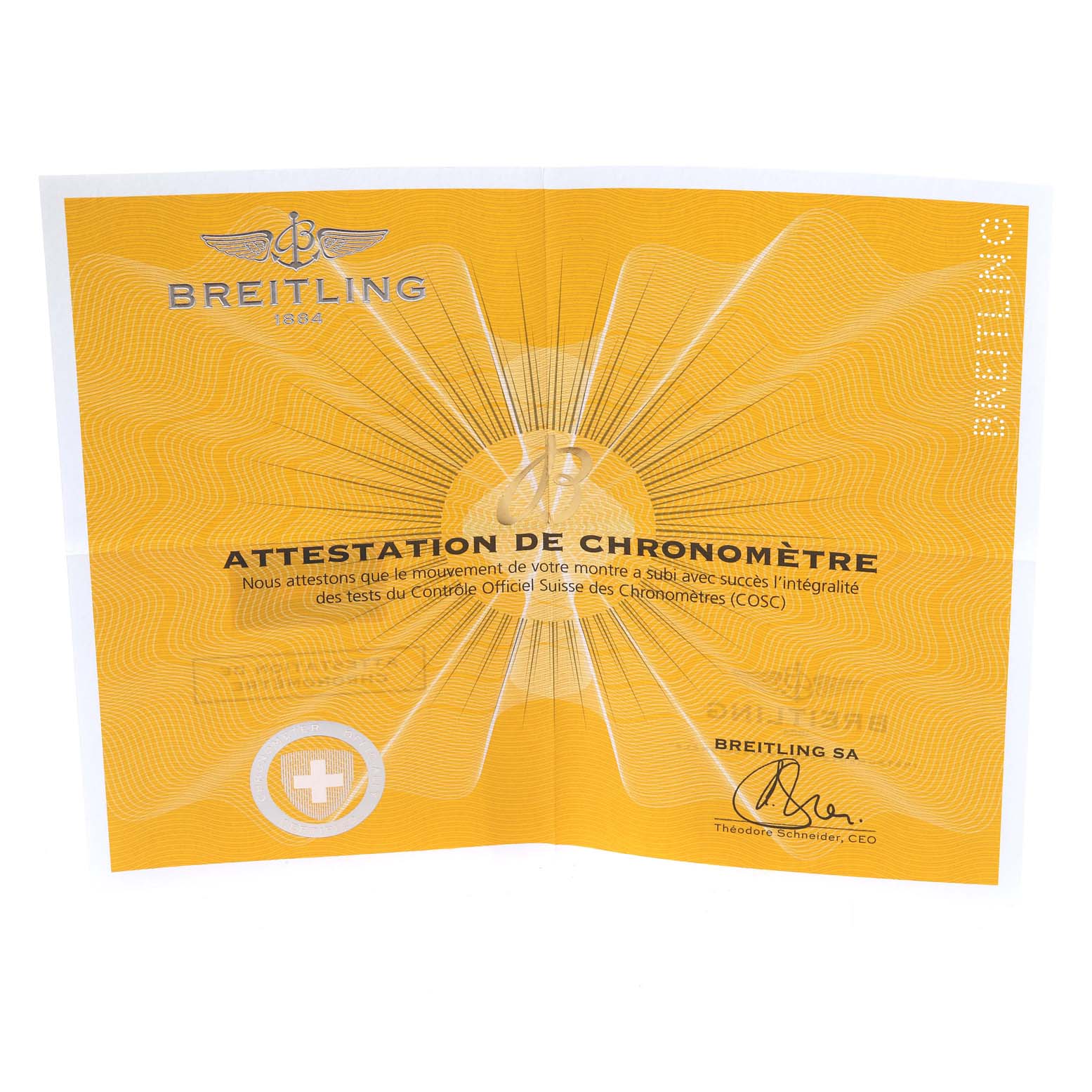 The image shows the "Attestation de Chronomètre" certificate for the Breitling Superocean A17390 Men's Stainless Steel Black Dial A17390 Men's Stainless Steel Black Dial watch.