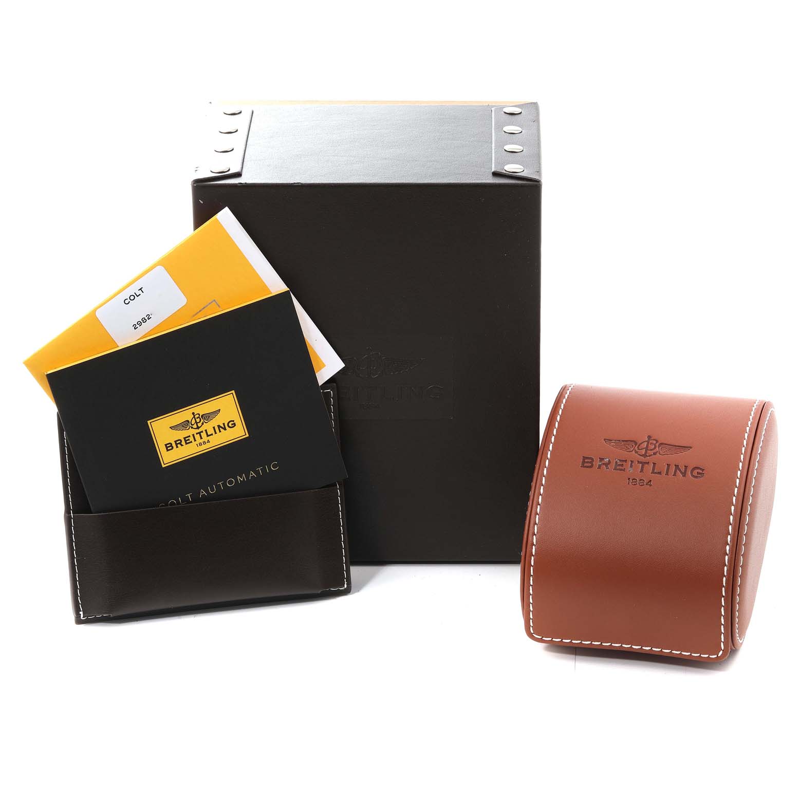 The image shows the packaging, leather case, instruction manuals, and warranty card for the Breitling Superocean A17390 Men's Stainless Steel Black Dial A17390 Men's Stainless Steel Black Dial model.