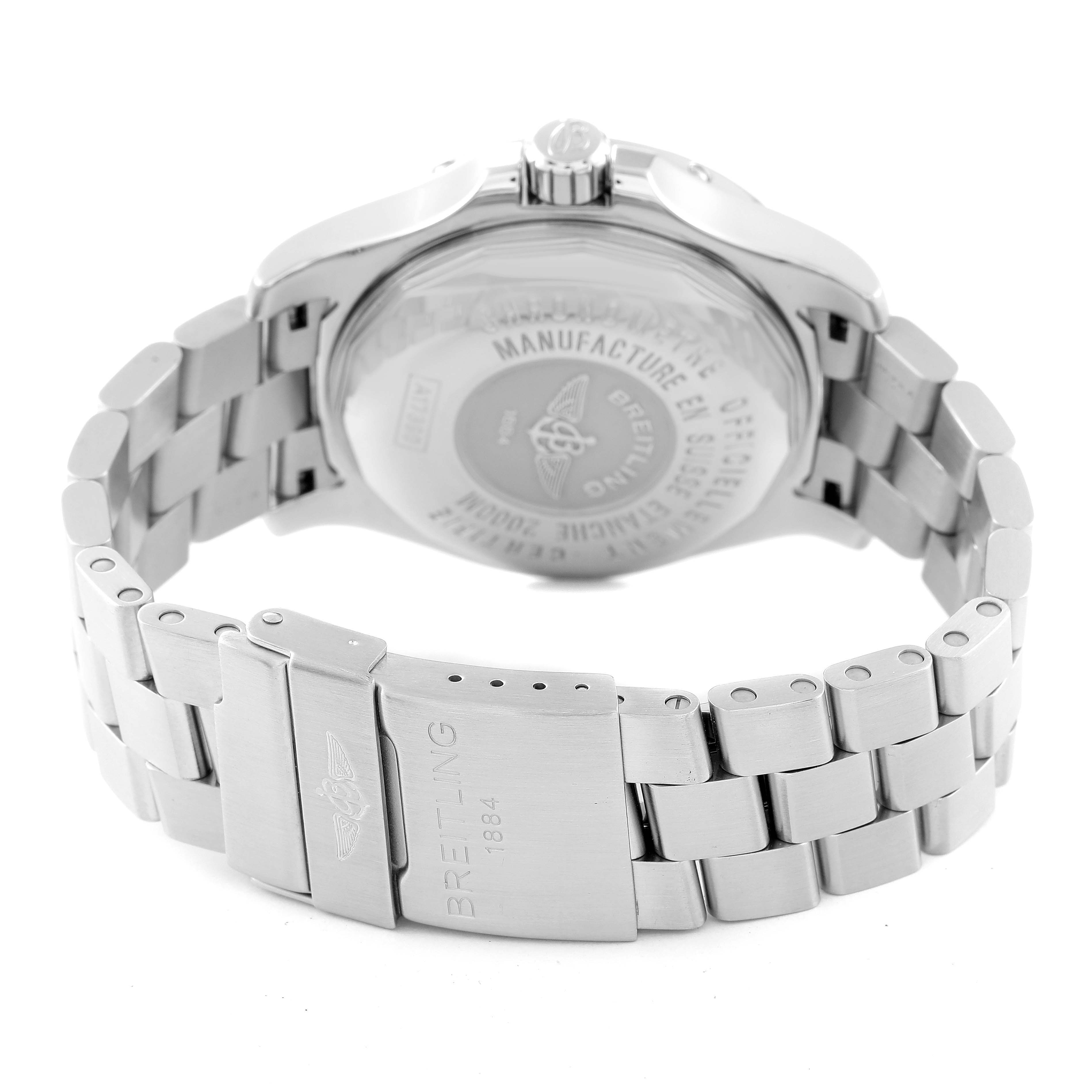 This image shows the back view of the Breitling Superocean A17390 Men's Stainless Steel Black Dial A17390 Men's Stainless Steel Black Dial watch, highlighting its case back and stainless steel bracelet with a clasp.