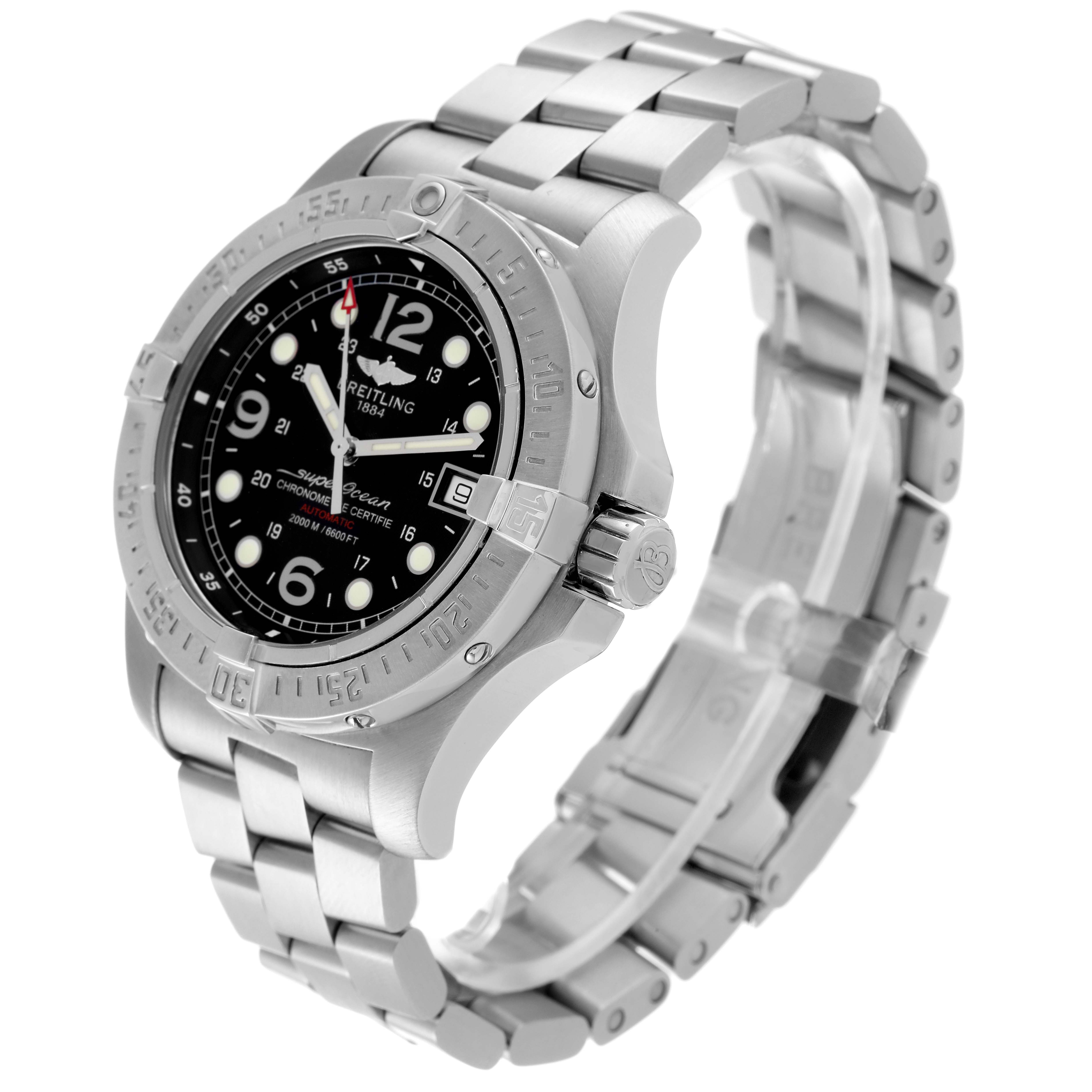 The image shows a three-quarter view of a Breitling Superocean A17390 Men's Stainless Steel Black Dial A17390 Men's Stainless Steel Black Dial watch, highlighting its face, bezel, and metal bracelet.