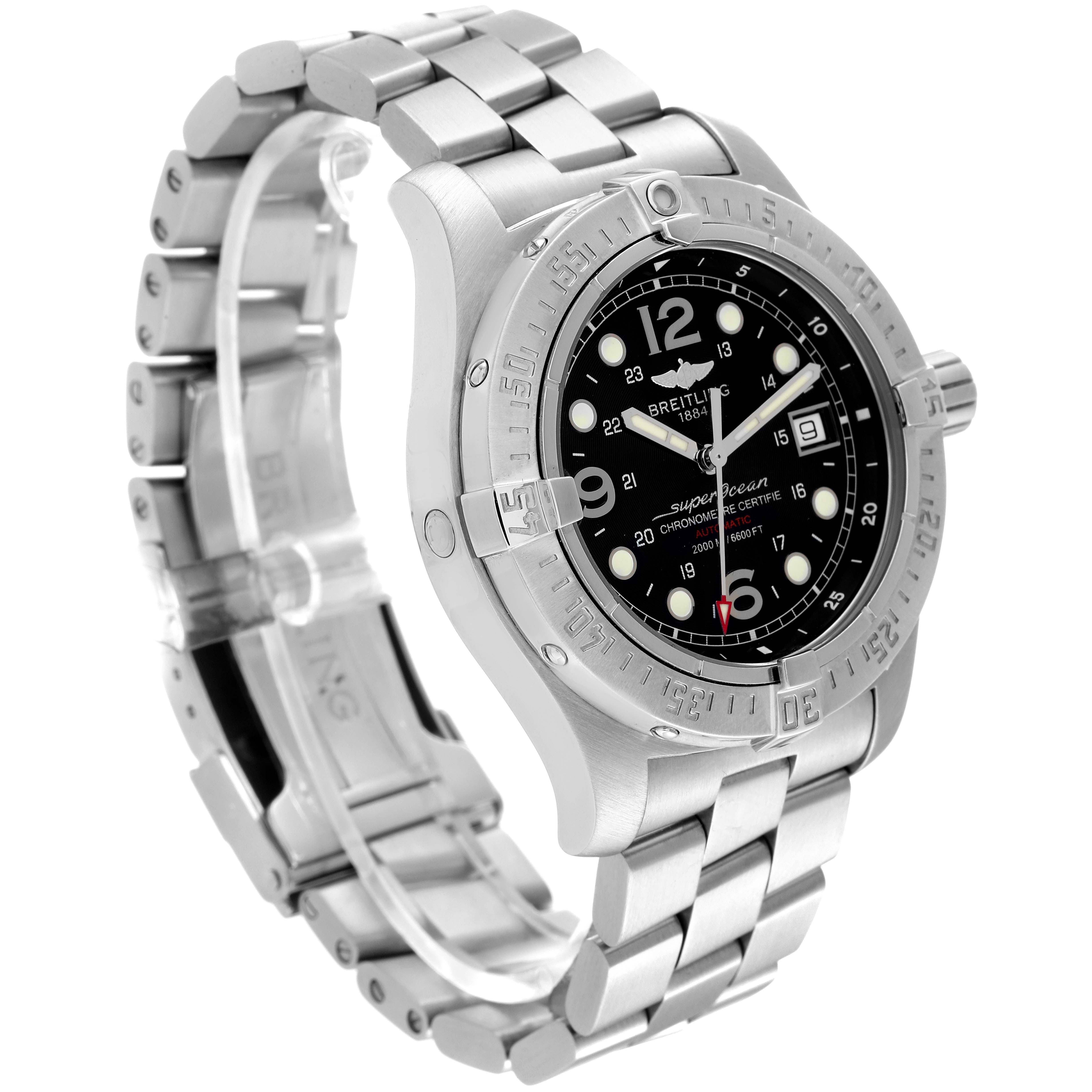 This image shows the Breitling Superocean A17390 Men's Stainless Steel Black Dial A17390 Men's Stainless Steel Black Dial watch from an oblique angle, highlighting its face, bezel, and bracelet.