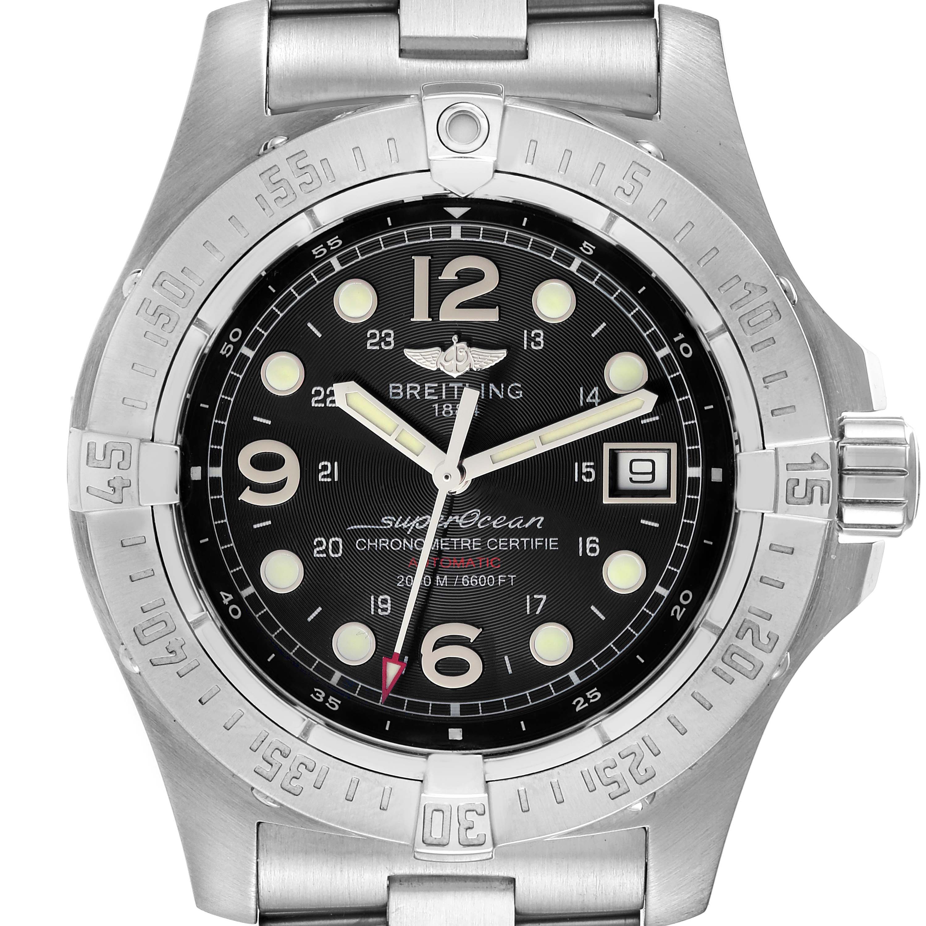 The image shows a front angle of the Breitling Superocean A17390 Men's Stainless Steel Black Dial A17390 Men's Stainless Steel Black Dial watch, highlighting its dial, bezel, crown, and bracelet.