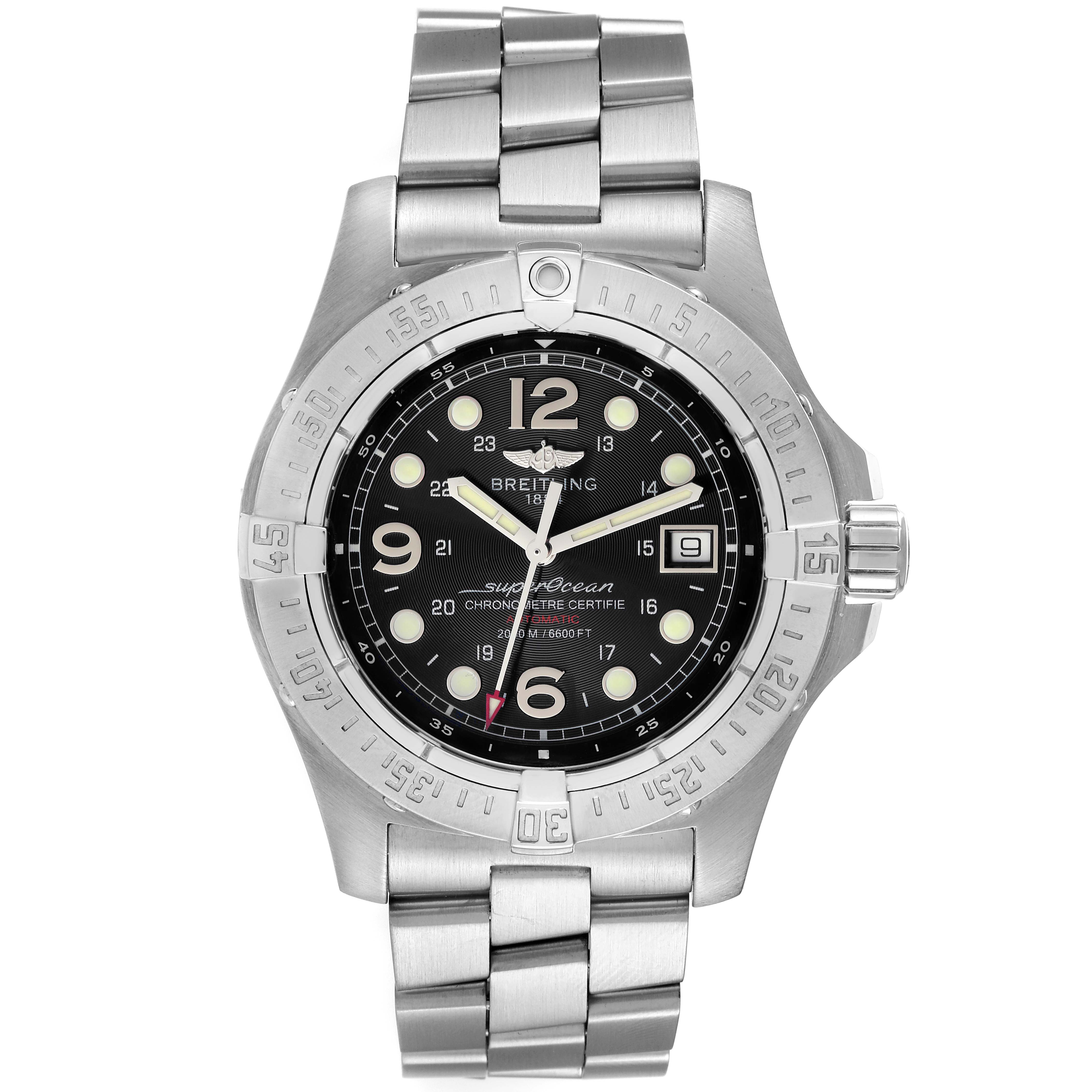 The image shows a front view of the Breitling Superocean A17390 Men's Stainless Steel Black Dial A17390 Men's Stainless Steel Black Dial watch, featuring its dial, bezel, and metal bracelet.