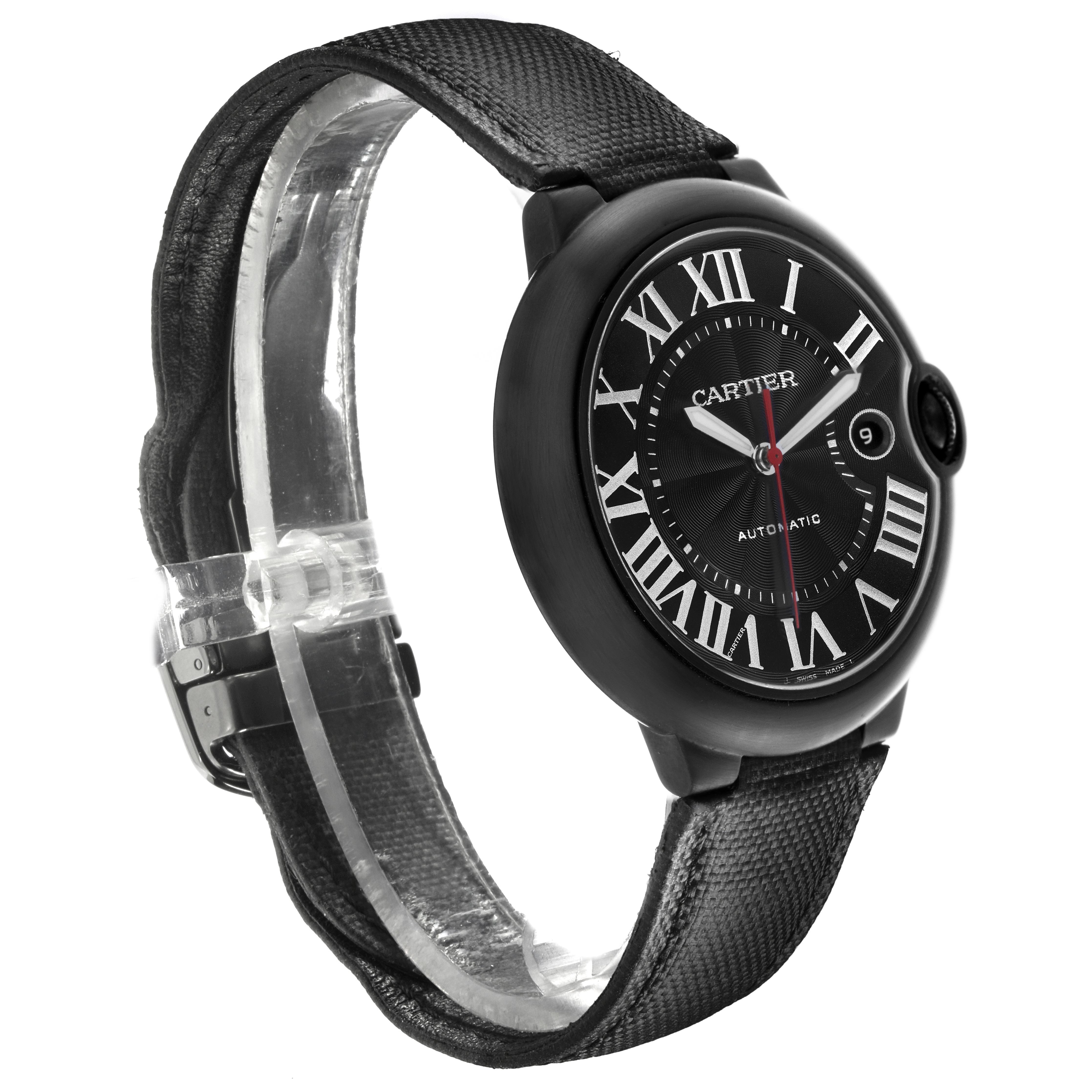 The Cartier Ballon Bleu WSBB0015 Men
s Stainless Steel Black Dial WSBB0015 Men
s Stainless Steel Black Dial watch is shown at a side angle, highlighting the black dial, Roman numerals, and textured strap.