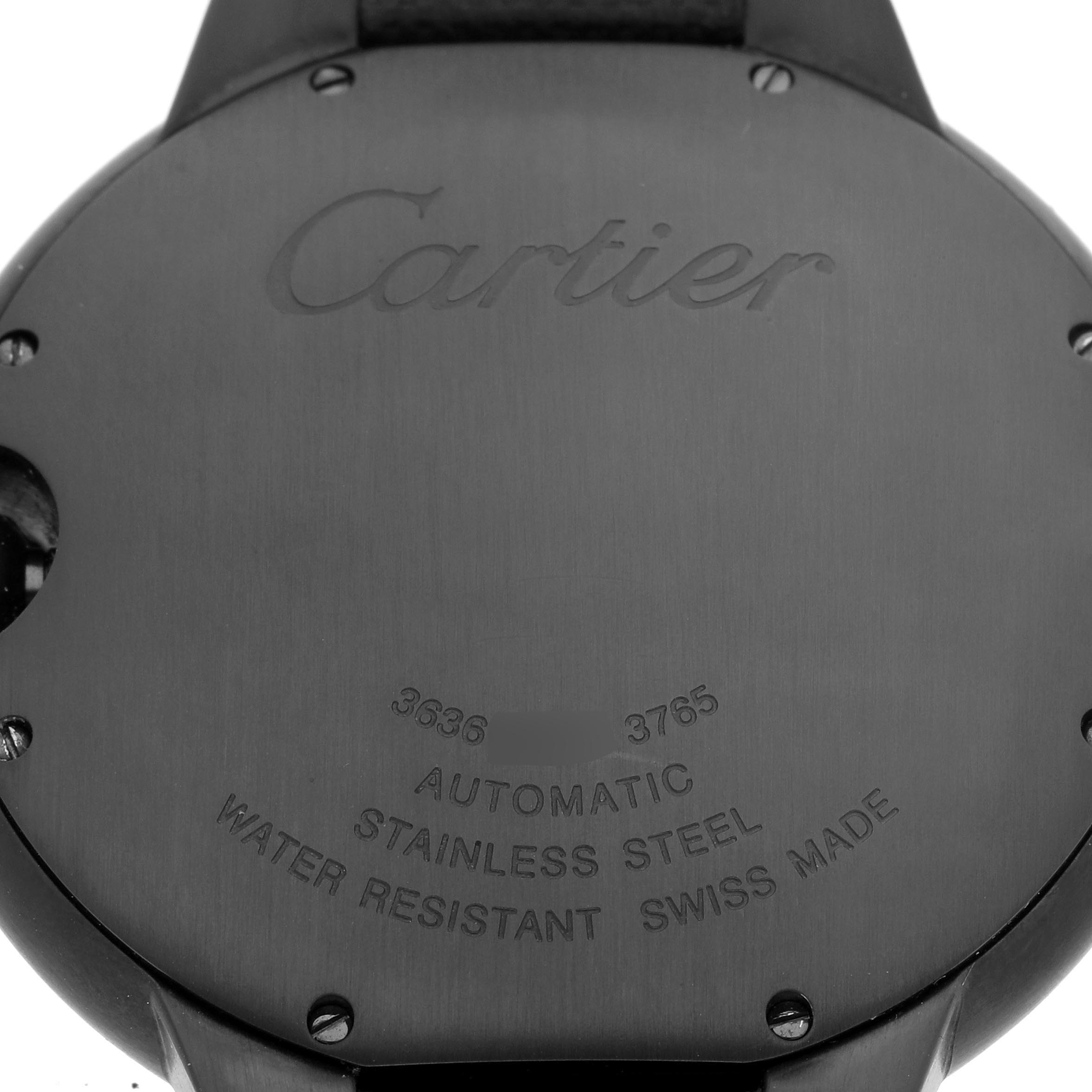 The image shows the back case of a Cartier Ballon Bleu WSBB0015 Men
s Stainless Steel Black Dial WSBB0015 Men
s Stainless Steel Black Dial watch, highlighting engravings and screws.