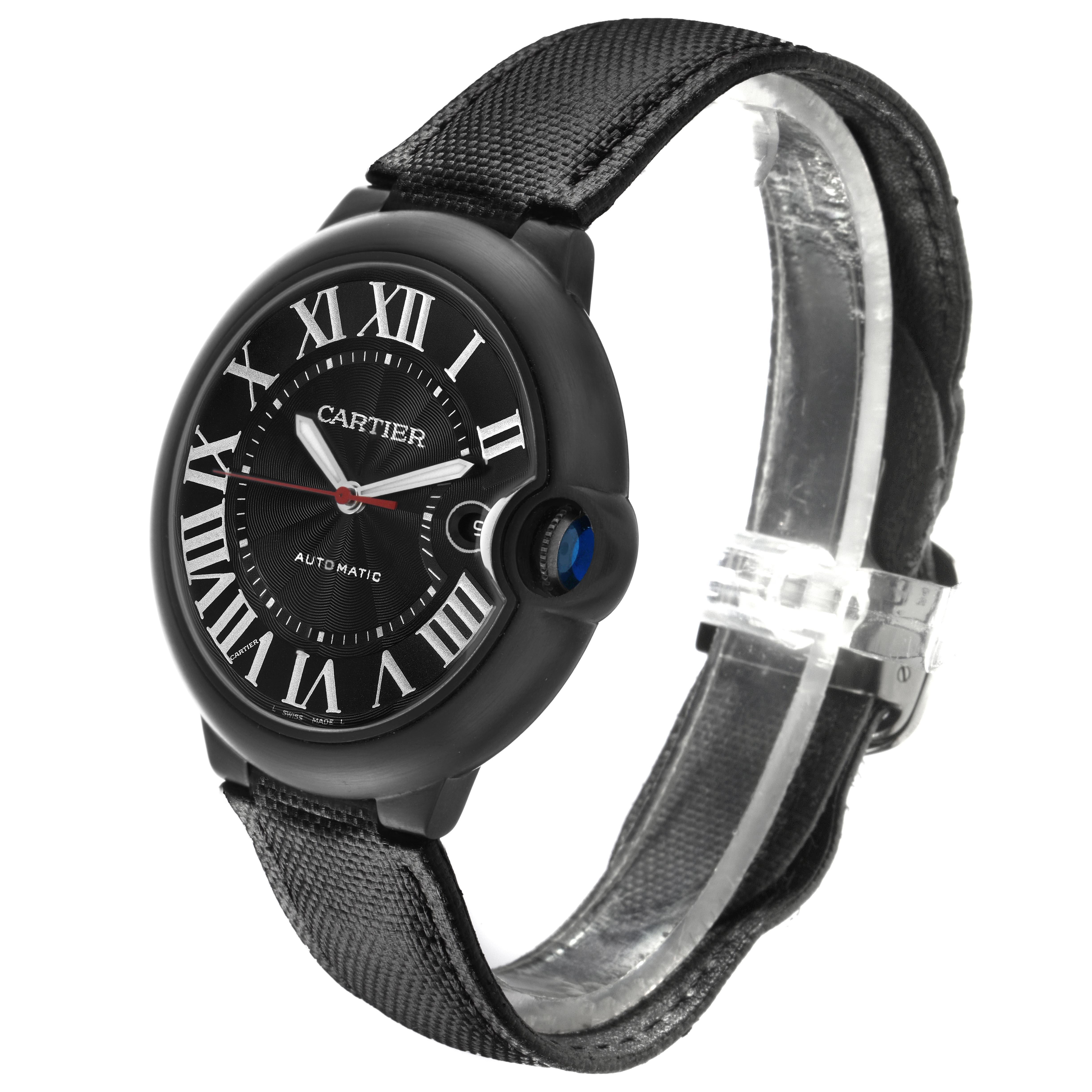 The Cartier Ballon Bleu WSBB0015 Men
s Stainless Steel Black Dial WSBB0015 Men
s Stainless Steel Black Dial watch is shown at a three-quarter angle, highlighting its black dial, Roman numerals, and textured strap.