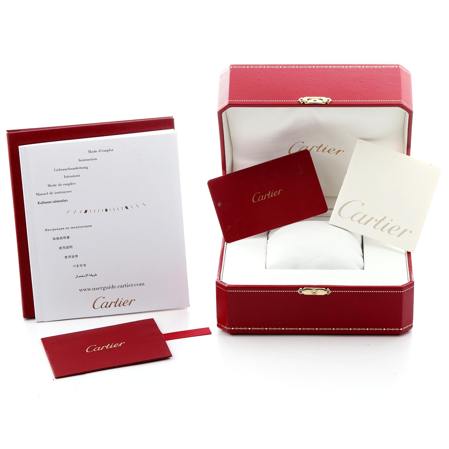 The image shows the packaging and accessories for a Cartier Ballon Bleu WSBB0015 Men
s Stainless Steel Black Dial WSBB0015 Men
s Stainless Steel Black Dial watch: a red box, booklet, and Best Quality
ation cards.