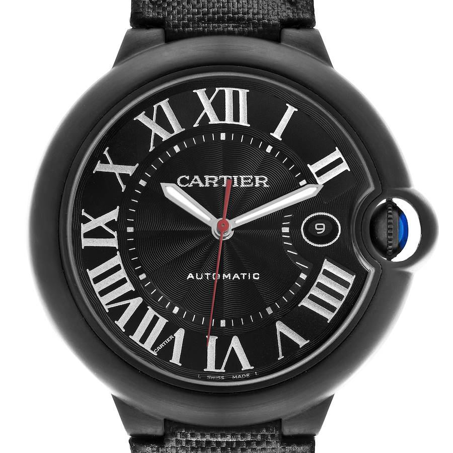 The Cartier Ballon Bleu watch is shown from the front, displaying the face, Roman numerals, hands, and date window.