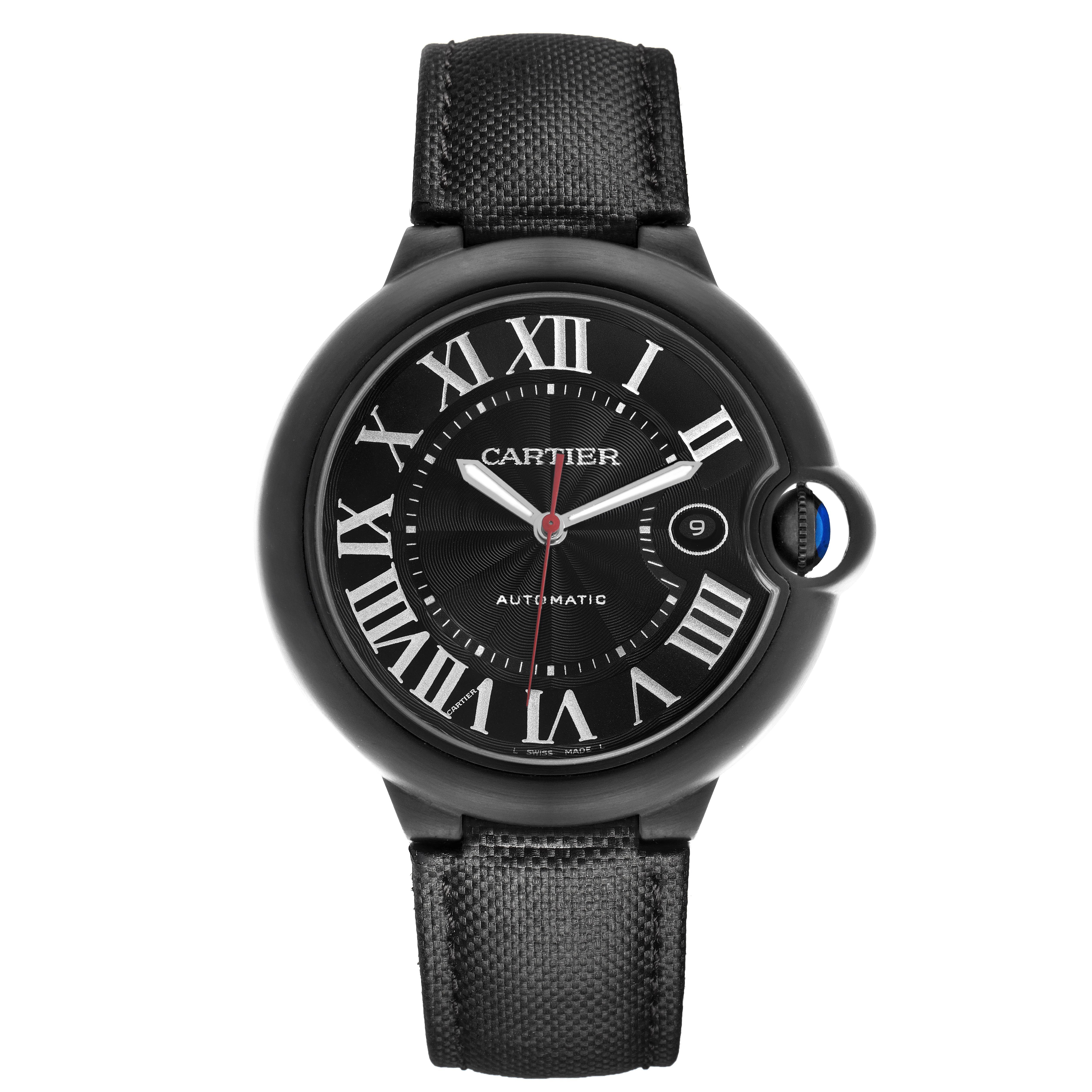 The Cartier Ballon Bleu WSBB0015 Men
s Stainless Steel Black Dial WSBB0015 Men
s Stainless Steel Black Dial watch is shown from a front angle, highlighting the face, Roman numerals, and strap.