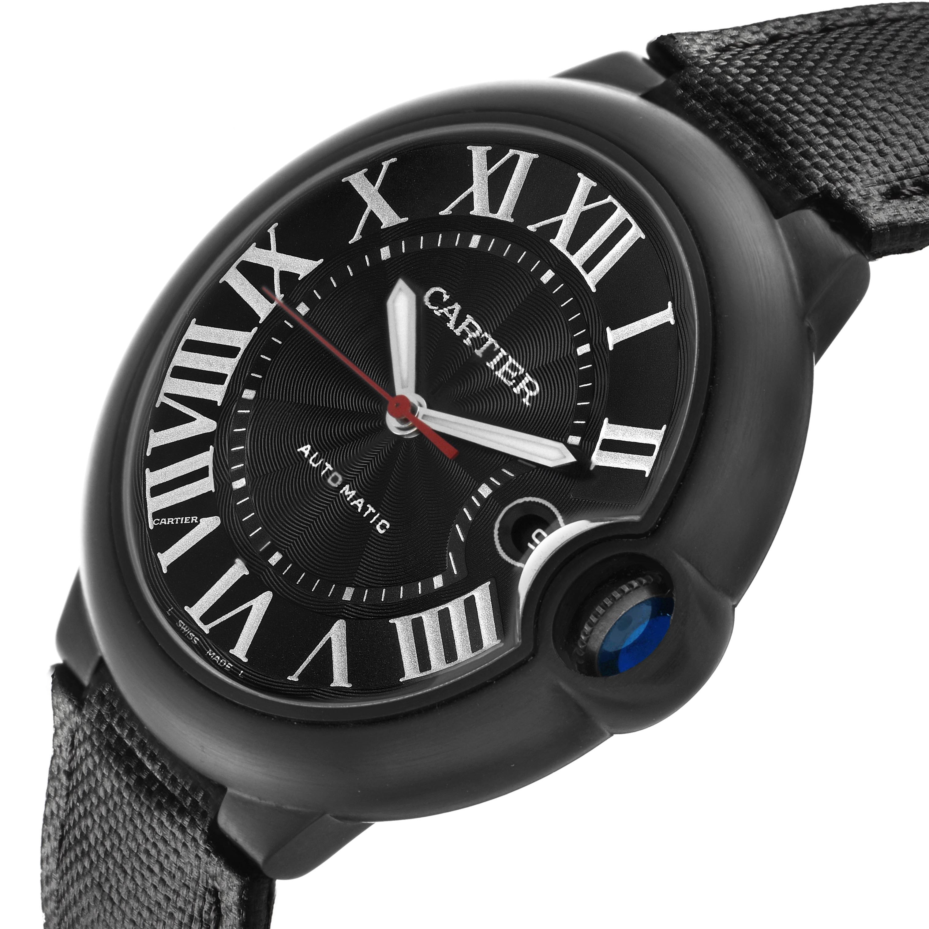 The Cartier Ballon Bleu WSBB0015 Men
s Stainless Steel Black Dial WSBB0015 Men
s Stainless Steel Black Dial watch is shown at a slight angle displaying the dial, Roman numerals, hands, crown, and textured strap.