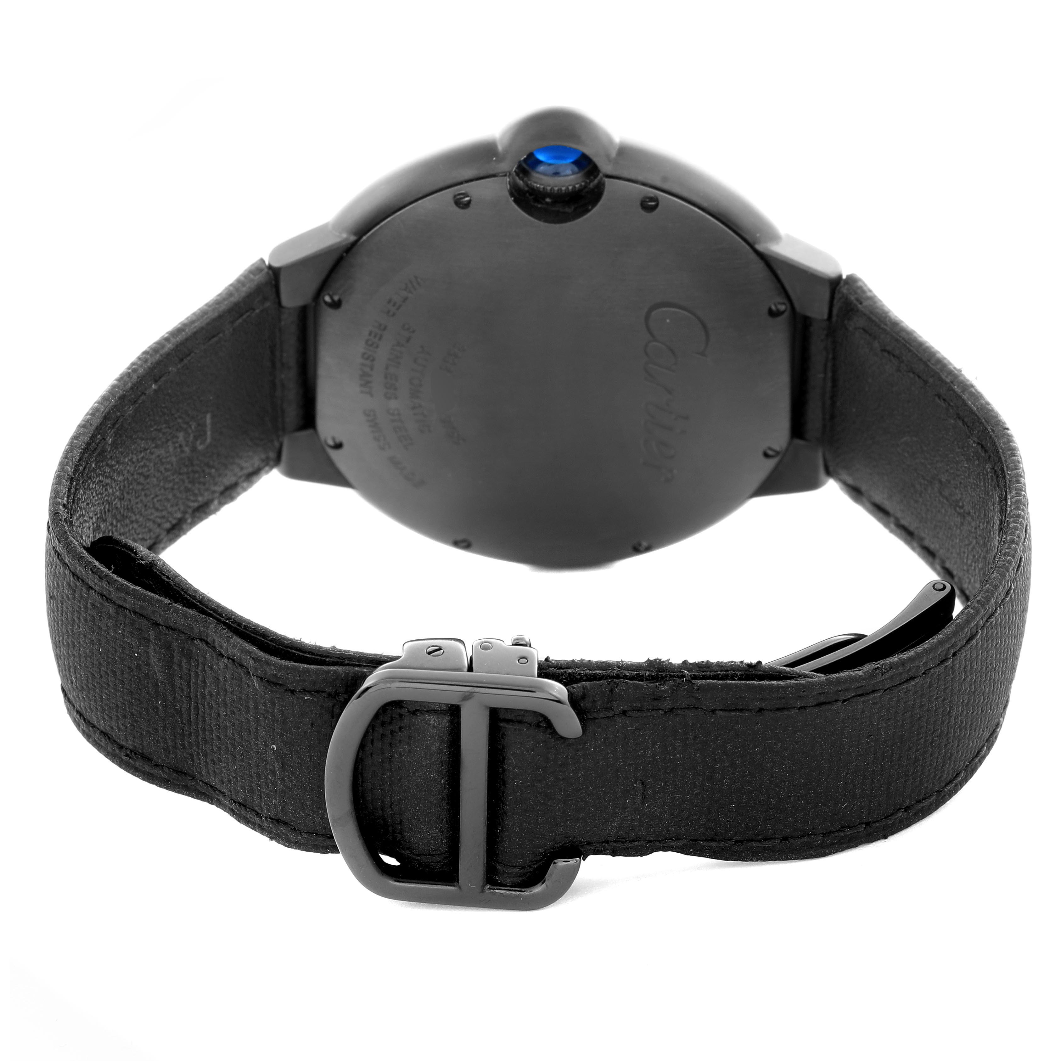 The image shows the back of a Cartier Ballon Bleu WSBB0015 Men
s Stainless Steel Black Dial WSBB0015 Men
s Stainless Steel Black Dial watch, highlighting the case, crown, and leather strap with buckle.