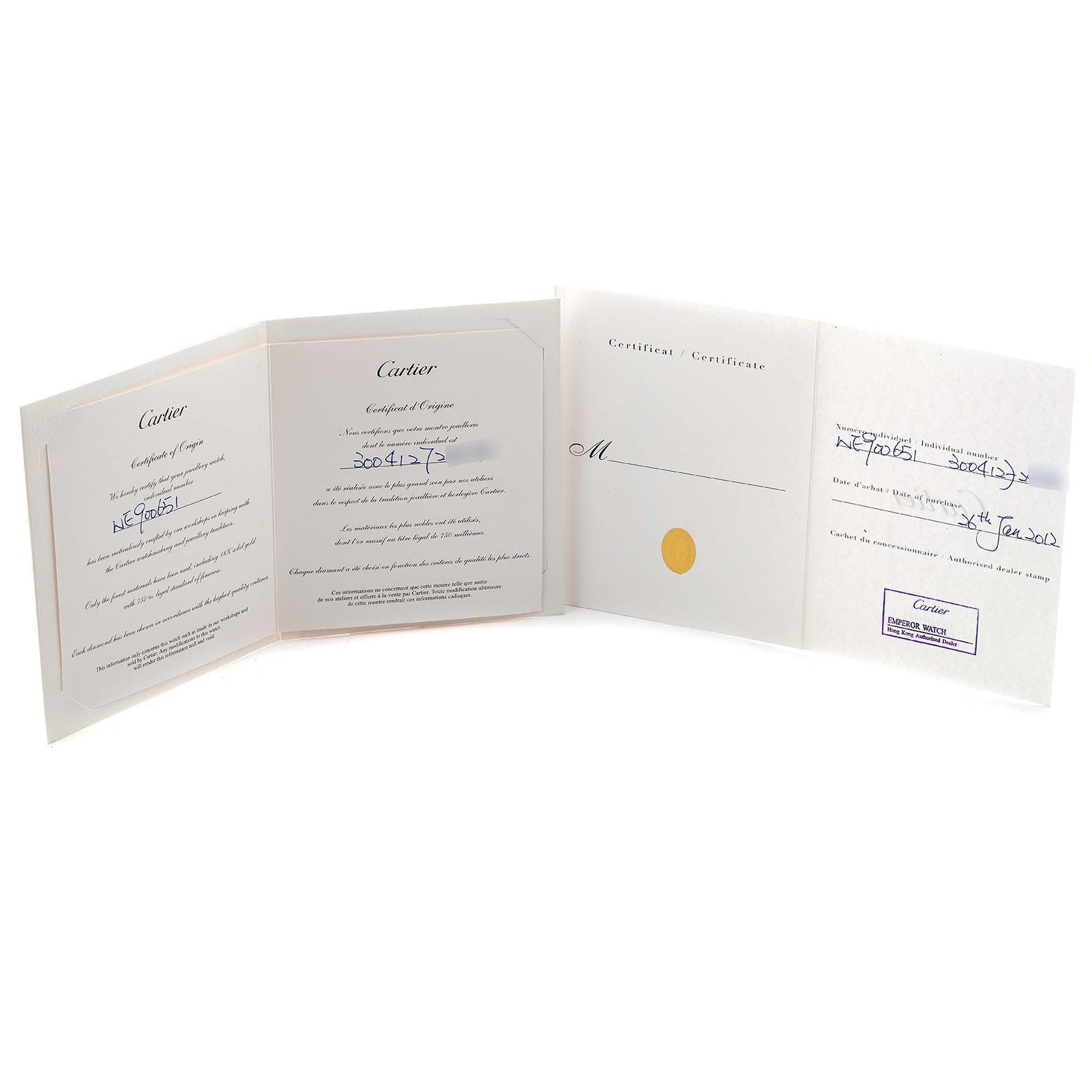 The image shows the open certificates and paperwork for the Cartier Ballon Bleu WE900651 Women
s White Gold Silver Dial WE900651 Women
s White Gold Silver Dial watch.