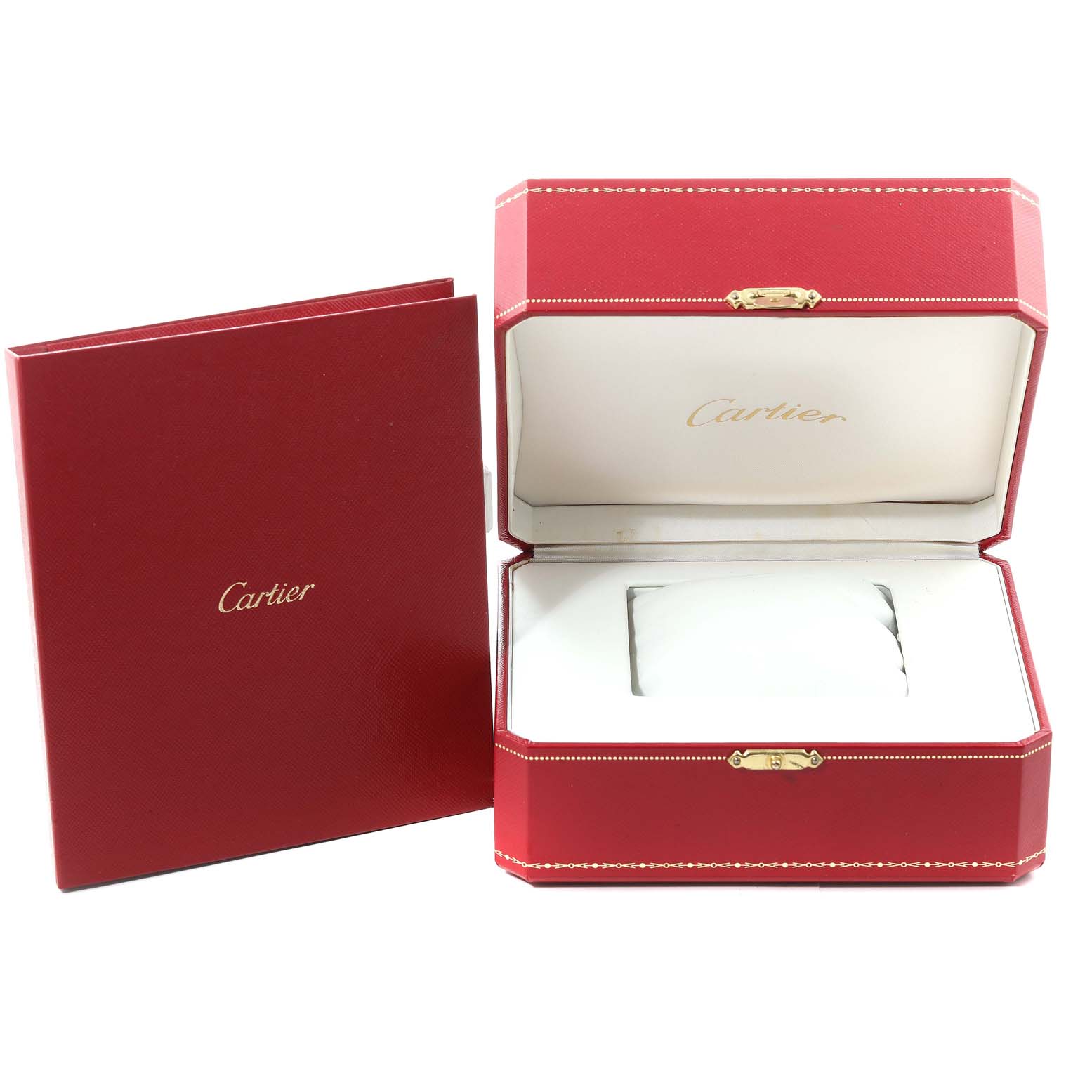 The image shows an open Cartier Calibre de Cartier W7100043 Men's Steel and Gold (two tone) Silver Dial W7100043 Men's Steel and Gold (two tone) Silver Dial watch box and a red Cartier booklet placed beside it.