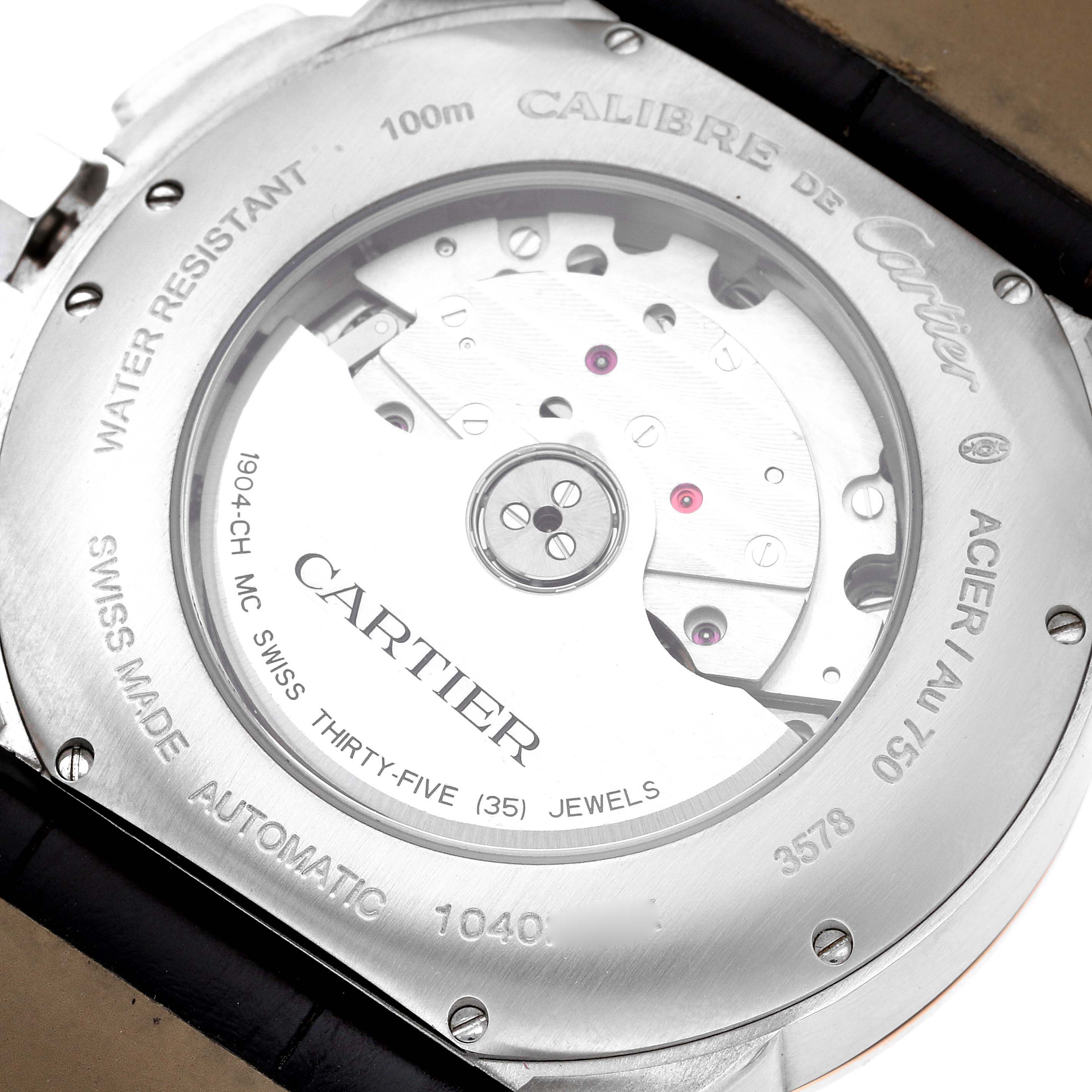 The image shows the back view of the Calibre de Cartier watch by Cartier, highlighting its automatic movement.