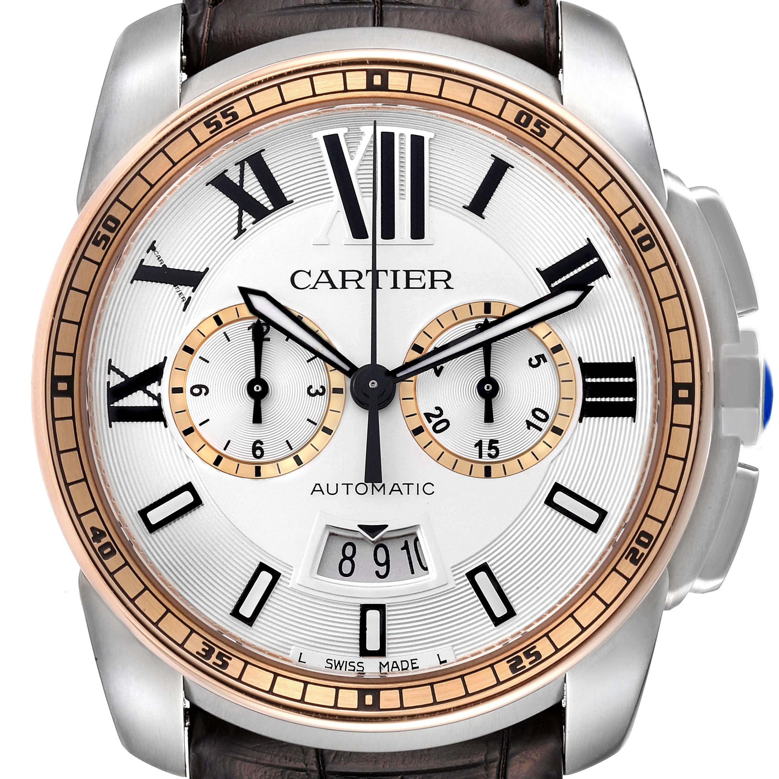 This image shows a front view of the Calibre de Cartier watch by Cartier, highlighting the dial, bezel, and leather strap.