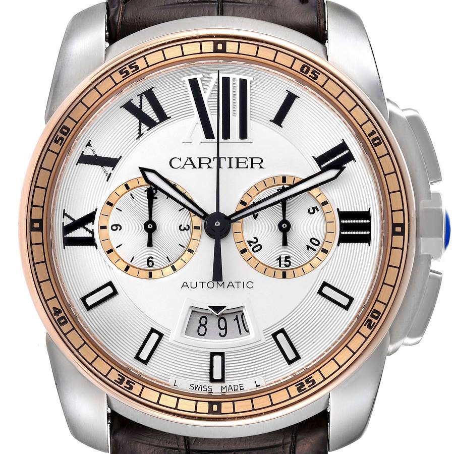 Cartier Calibre Chronograph Steel Rose Gold Mens Watch W7100043 Box Papers SwissWatchExpo