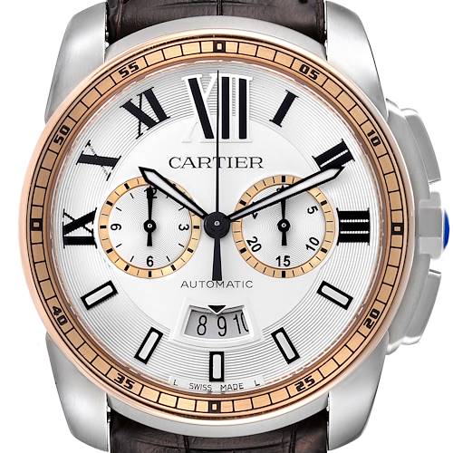 Photo of Cartier Calibre Chronograph Steel Rose Gold Mens Watch W7100043 Box Papers