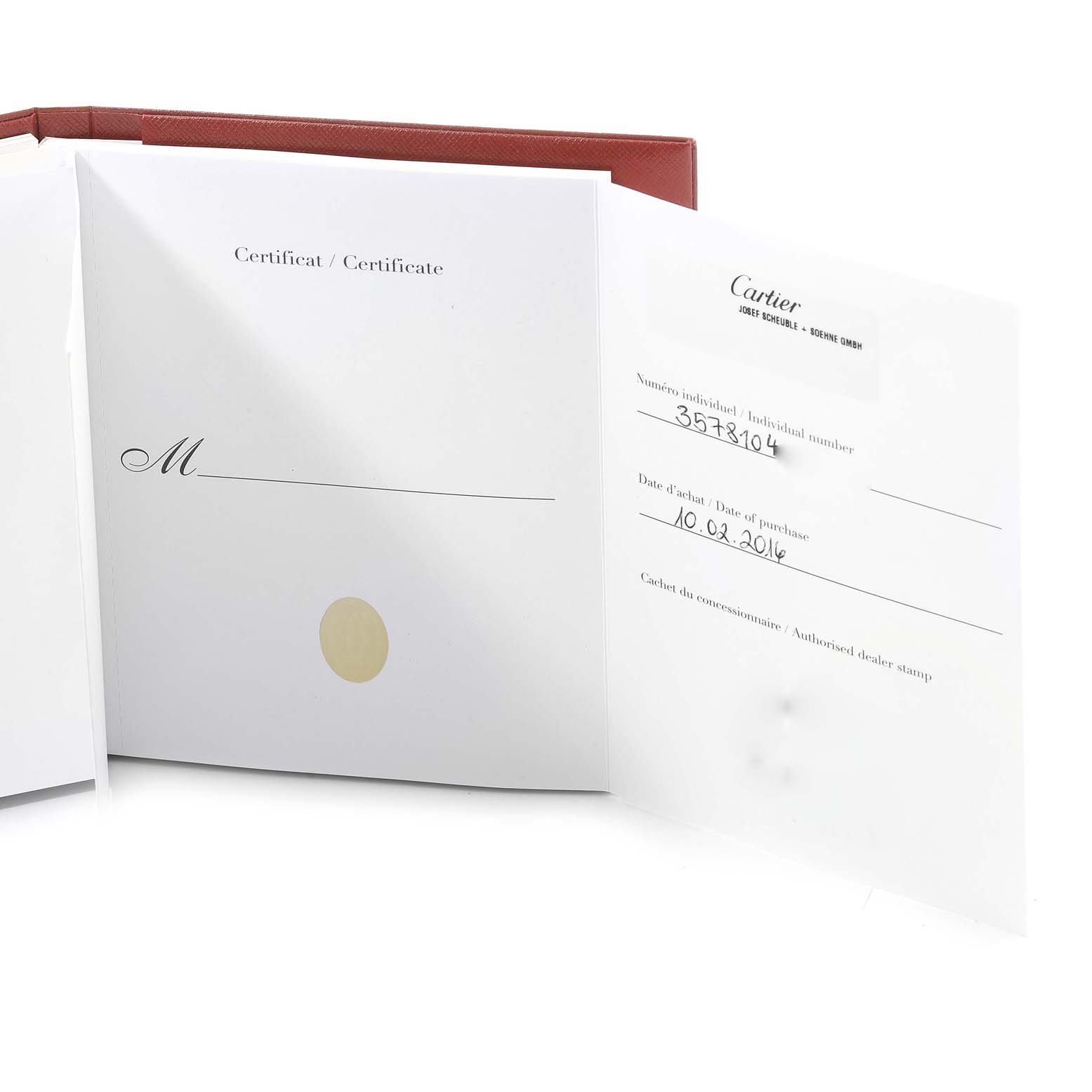 This image shows the certificate and paperwork for a Calibre de Cartier watch by Cartier.