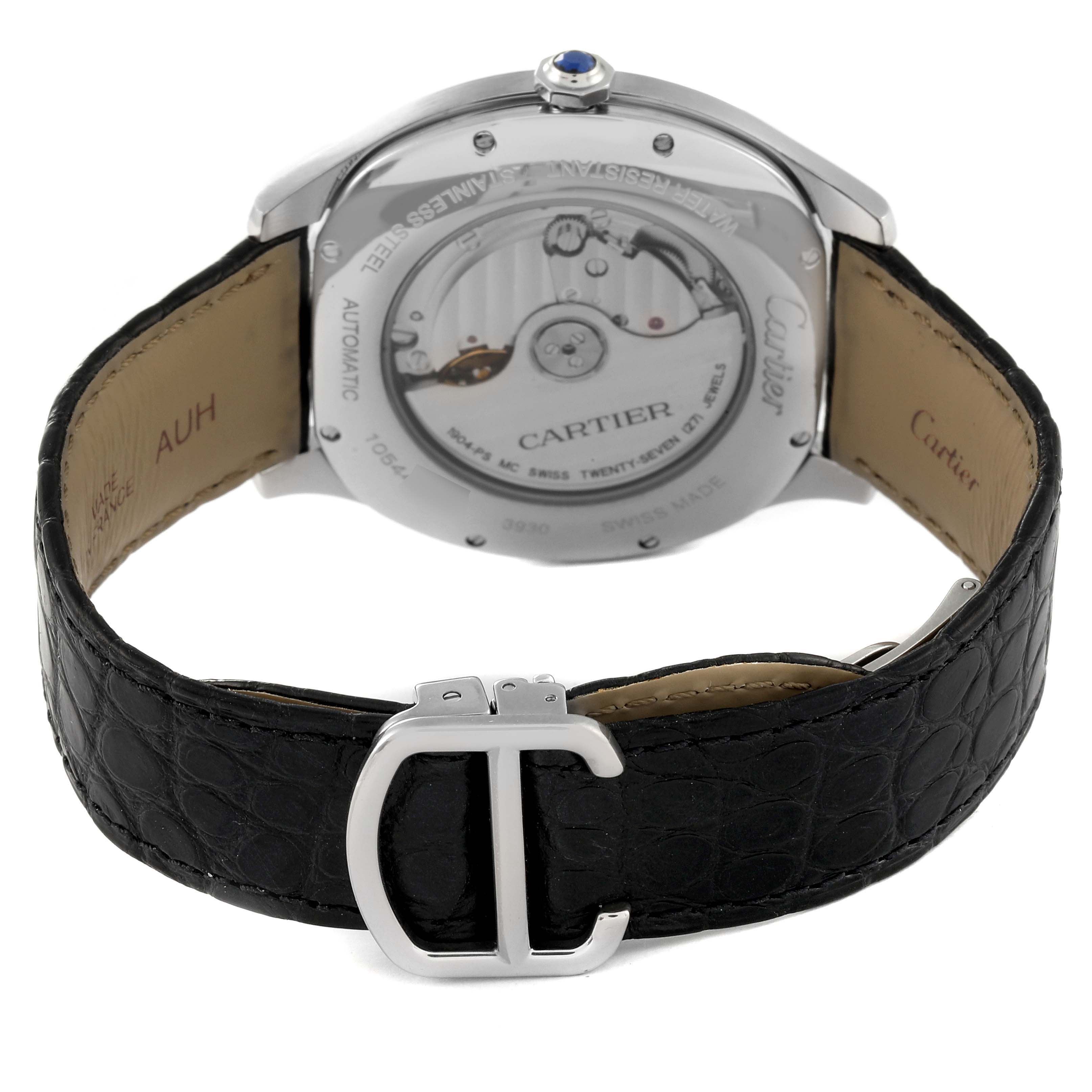 This image shows the back view of the Drive de Cartier watch by Cartier, highlighting its automatic movement and leather strap.