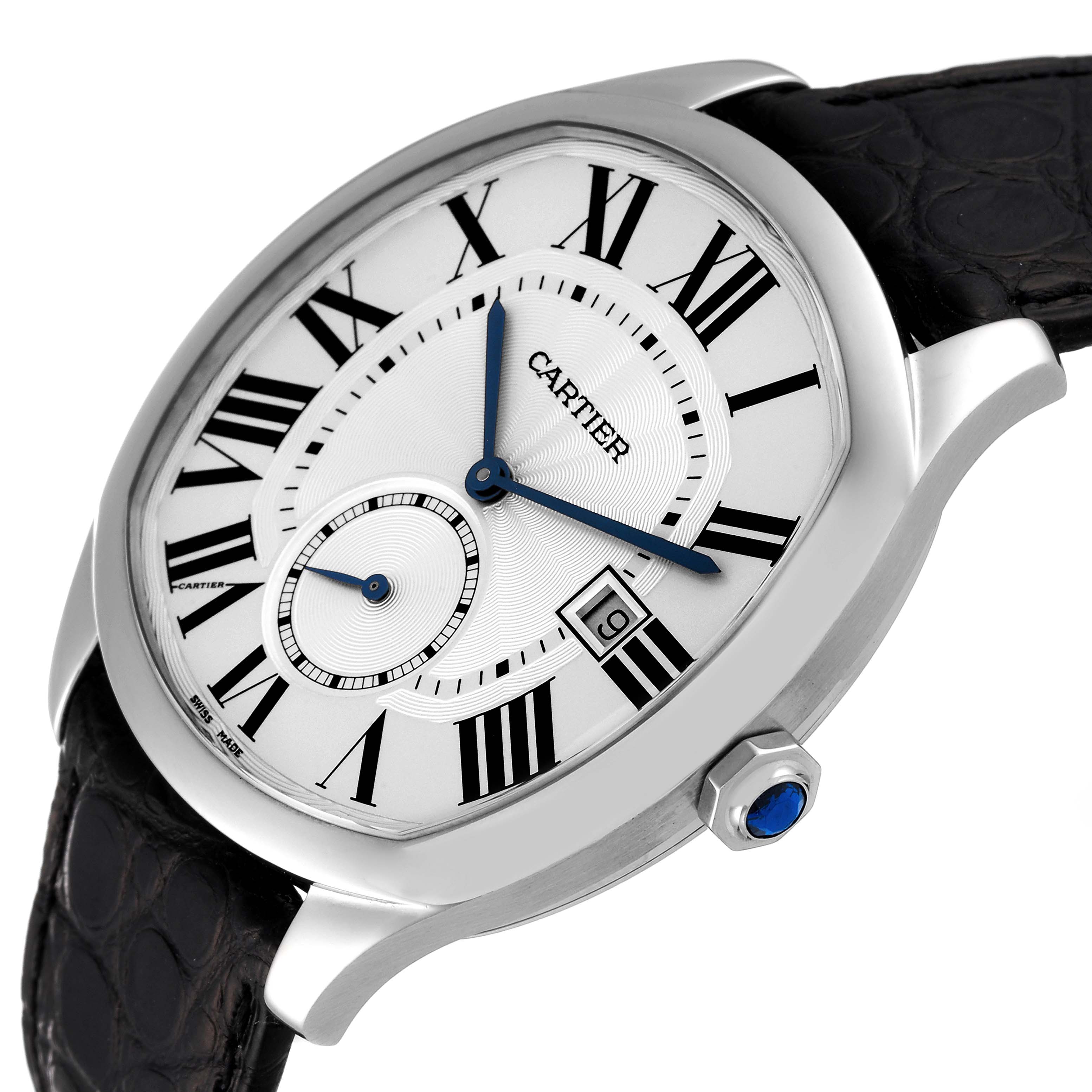 This image shows a Drive de Cartier watch by Cartier, angled to highlight the face, bezel, and crown.