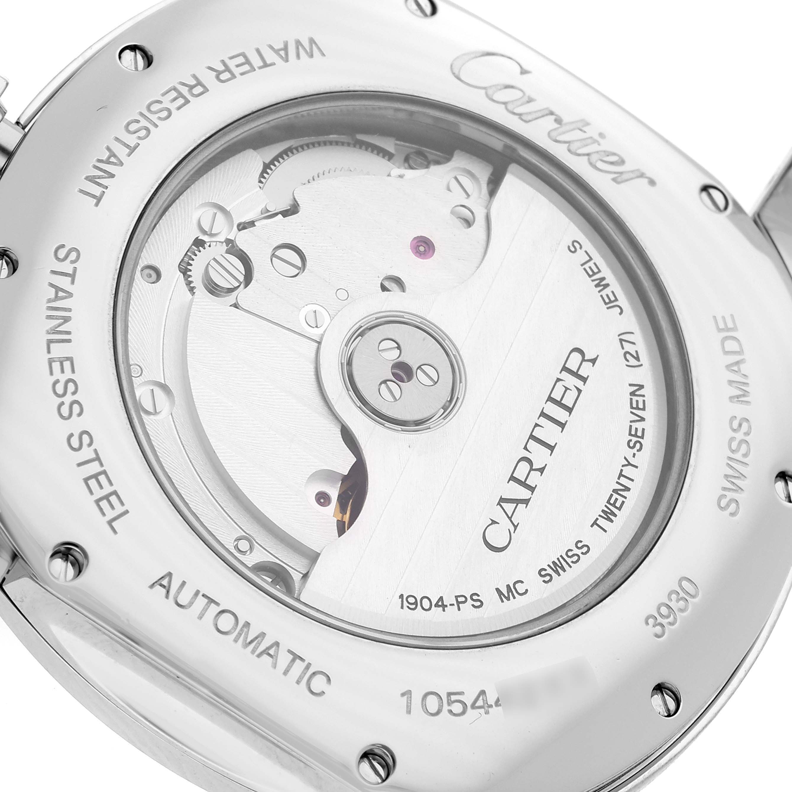 This image shows the back view of a Drive de Cartier watch by Cartier, highlighting its automatic movement and stainless steel case.
