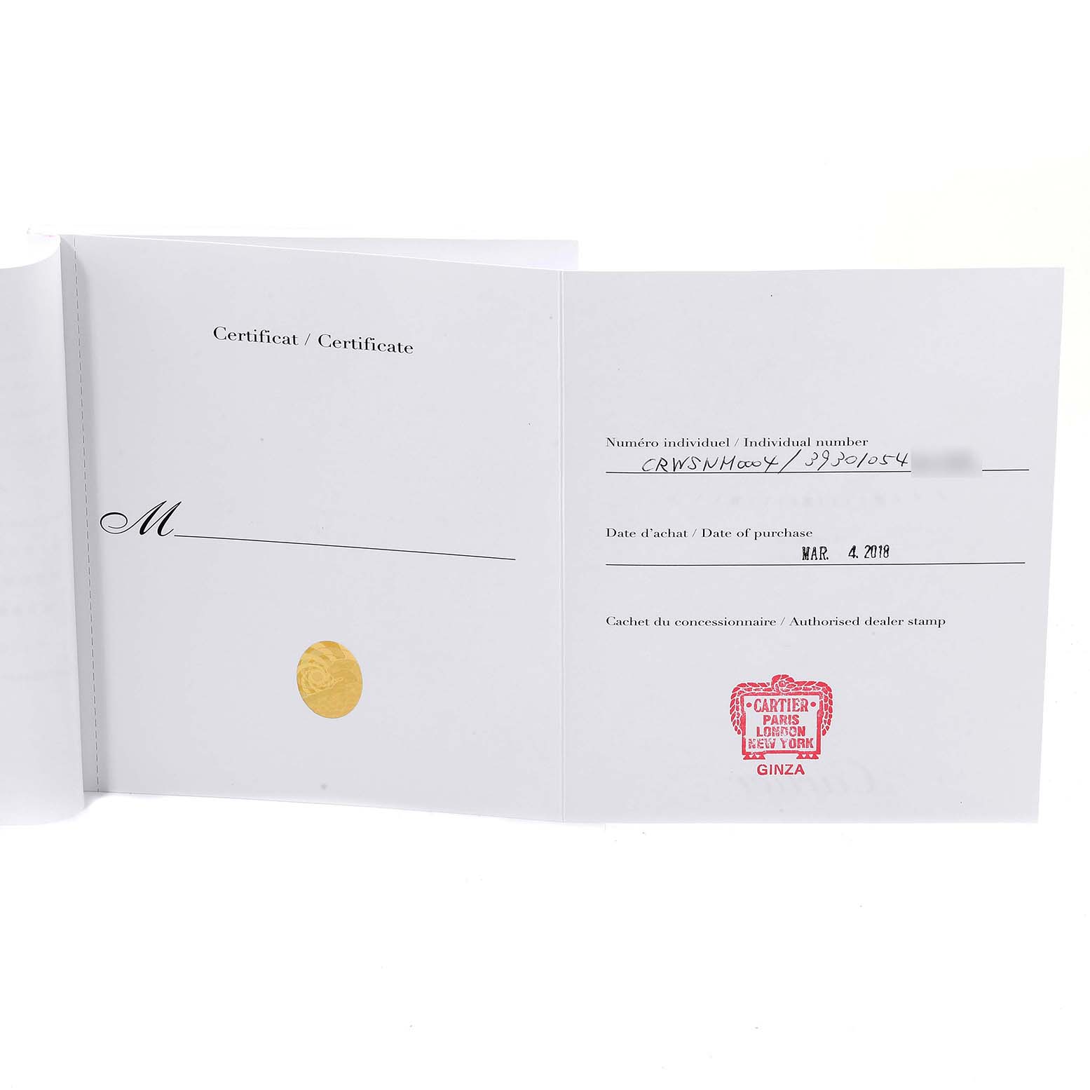 The image shows a certificate for the Drive de Cartier model by Cartier, containing purchase date and dealer stamp information.