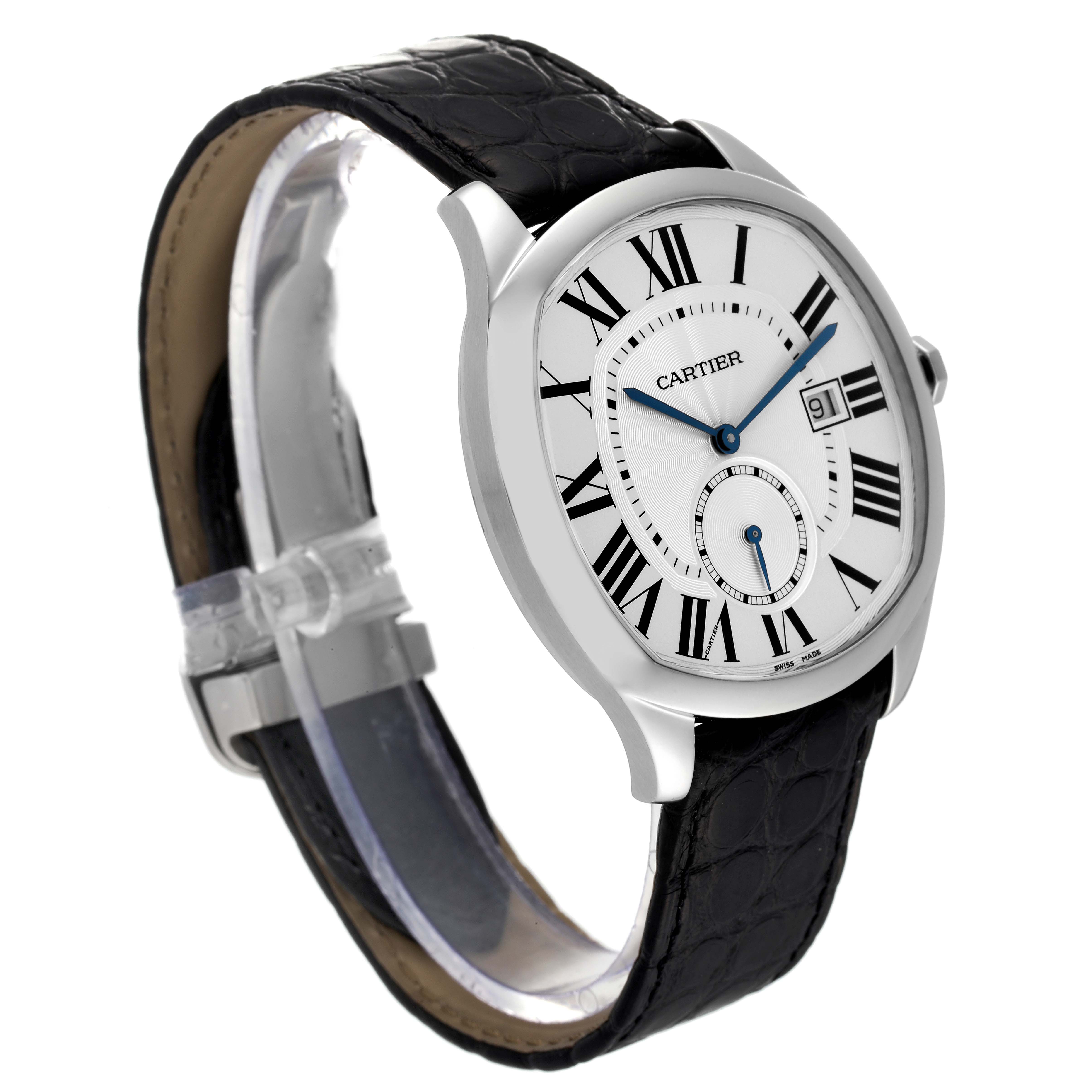 The Drive de Cartier watch by Cartier is shown at a three-quarter angle, highlighting its dial, case, crown, and leather strap.