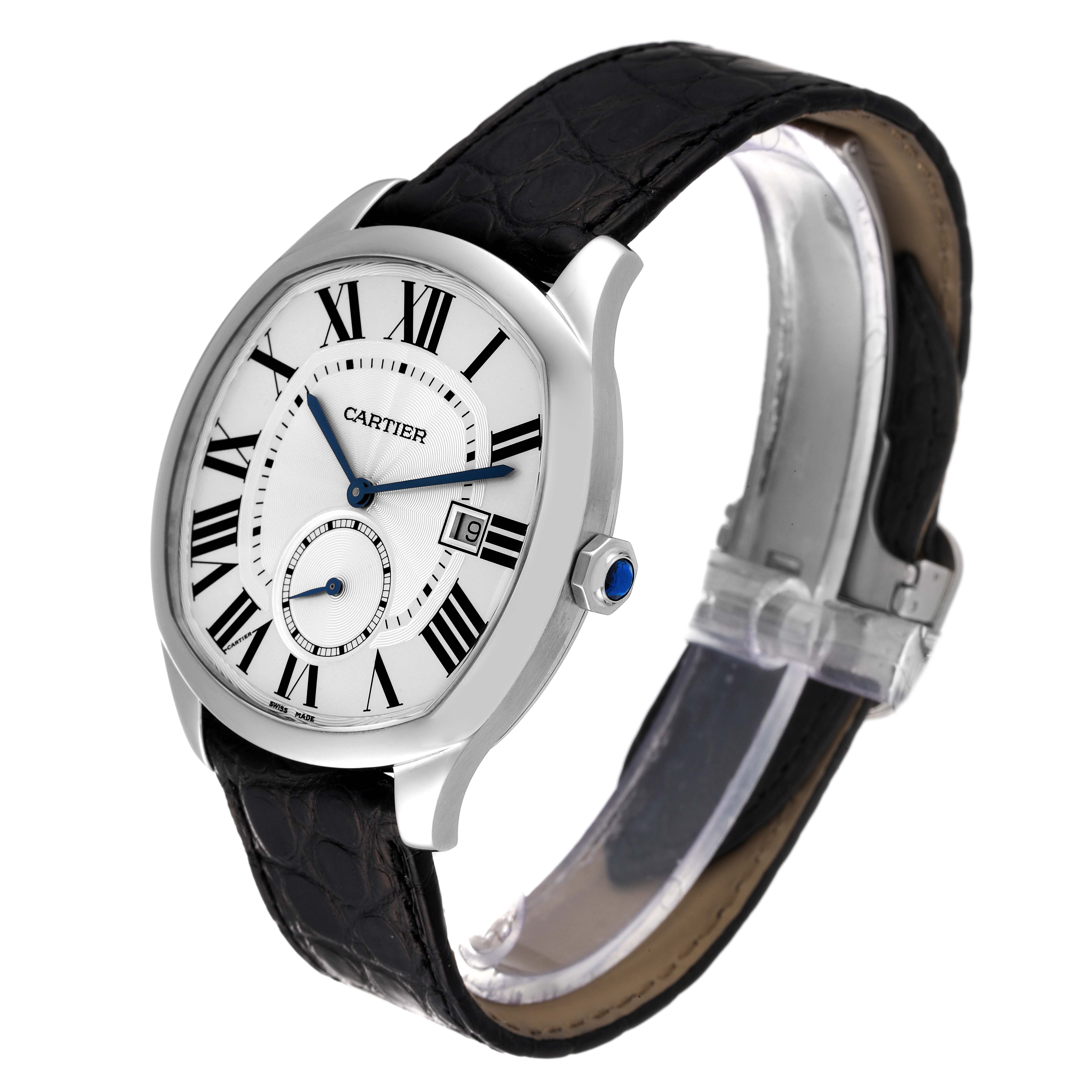 The image shows a Drive de Cartier watch by Cartier, angled to display its face, case, crown, and black leather strap.