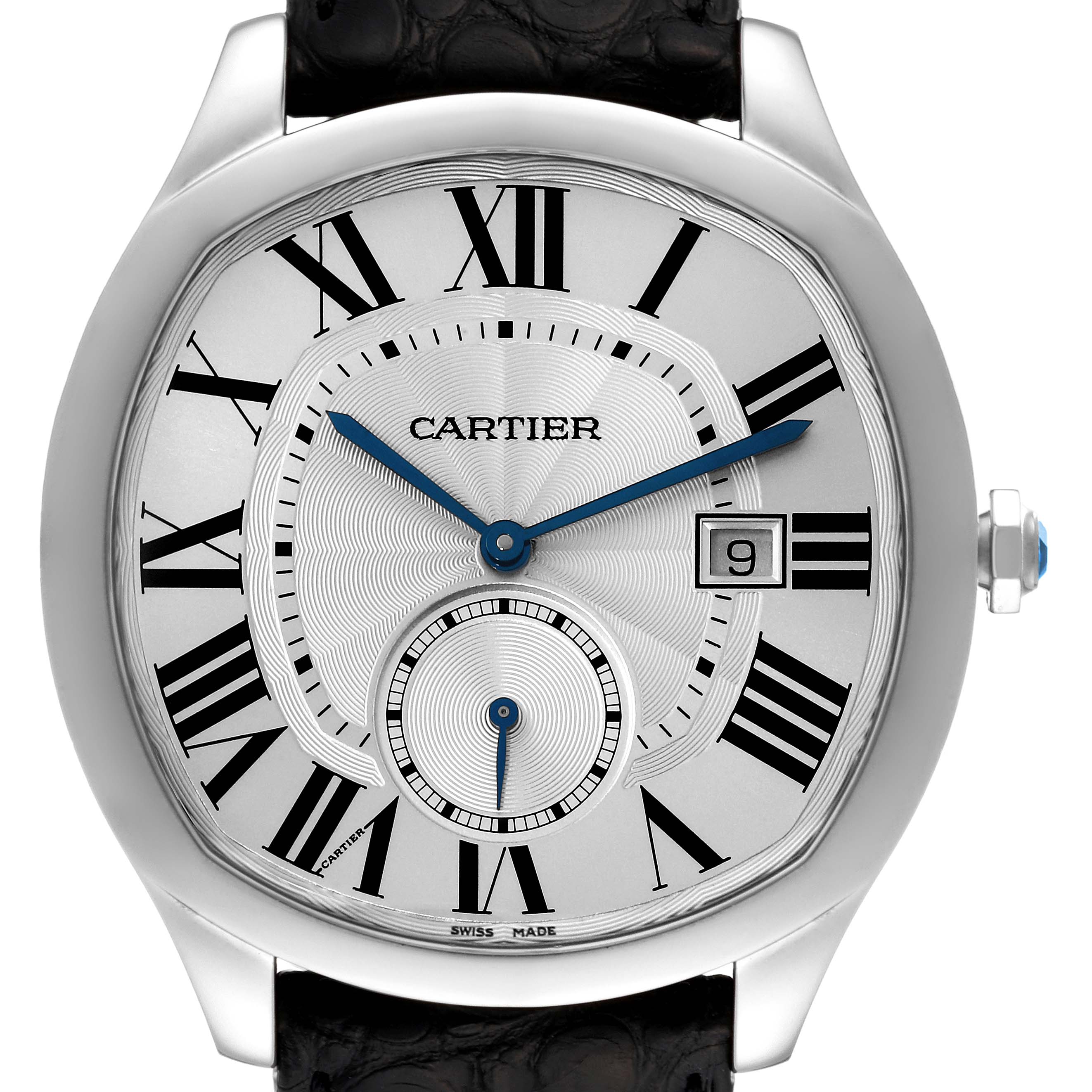 The image shows a Drive de Cartier watch by Cartier, displaying its face with Roman numerals, blue hands, and date window at 3 o'clock.