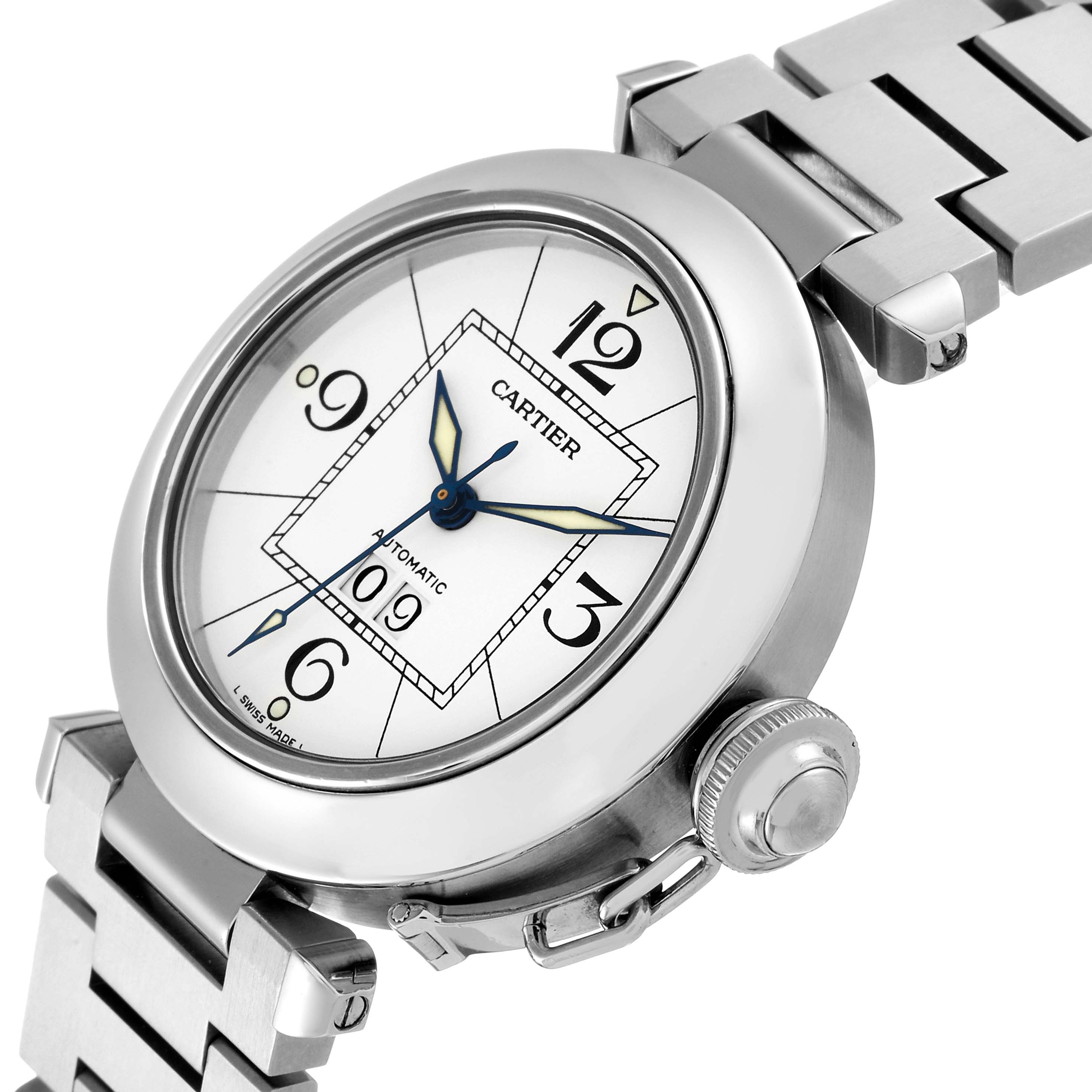 This image shows a close-up angled view of the Cartier Pasha W31055M7 Men's Stainless Steel White Dial W31055M7 Men's Stainless Steel White Dial watch, highlighting its face, bezel, crown, and part of the bracelet.