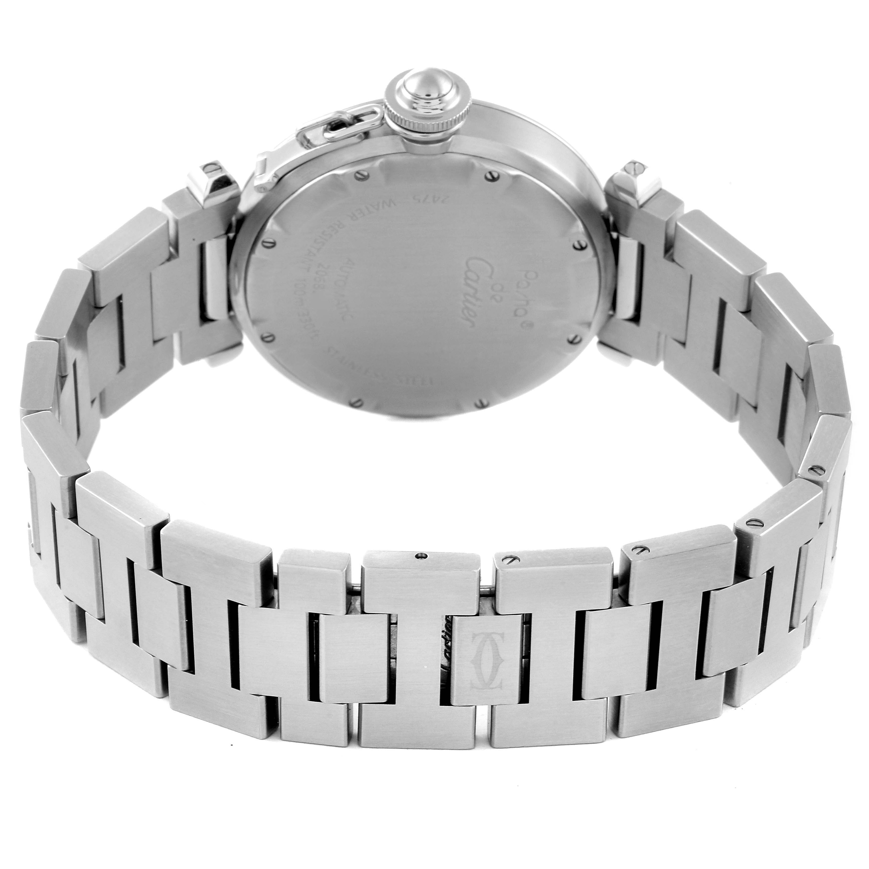 This image shows the back view of a Cartier Pasha W31055M7 Men's Stainless Steel White Dial W31055M7 Men's Stainless Steel White Dial watch, highlighting the case back and the metal bracelet.