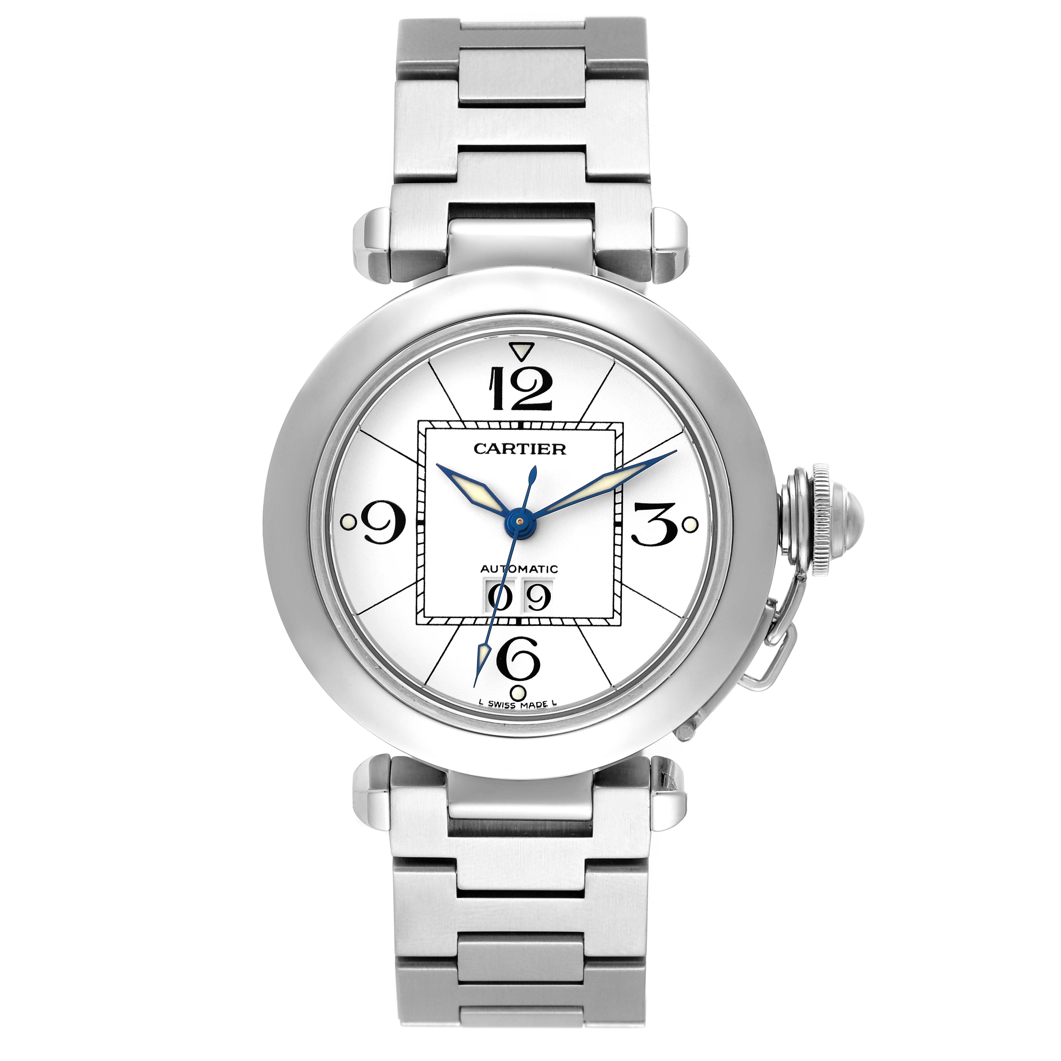 This image shows the front view of a Cartier Pasha W31055M7 Men's Stainless Steel White Dial W31055M7 Men's Stainless Steel White Dial watch, highlighting the dial, bracelet, and crown.