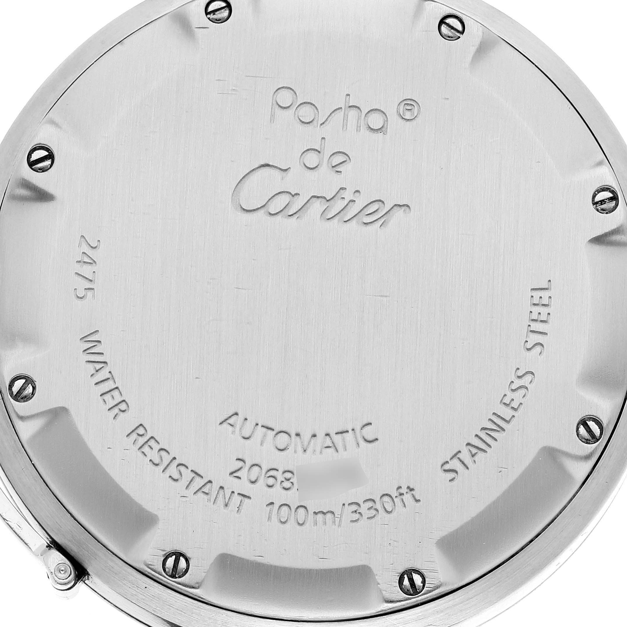 This is the back view of a Cartier Pasha W31055M7 Men's Stainless Steel White Dial W31055M7 Men's Stainless Steel White Dial model watch, showing details such as the model number, material, and water resistance.