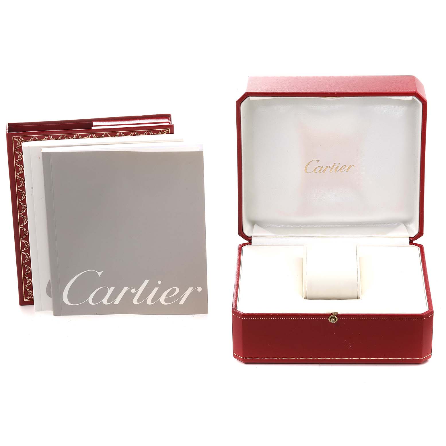 The image shows the Cartier Pasha W31055M7 Men's Stainless Steel White Dial W31055M7 Men's Stainless Steel White Dial watch's open red box and accompanying booklets.