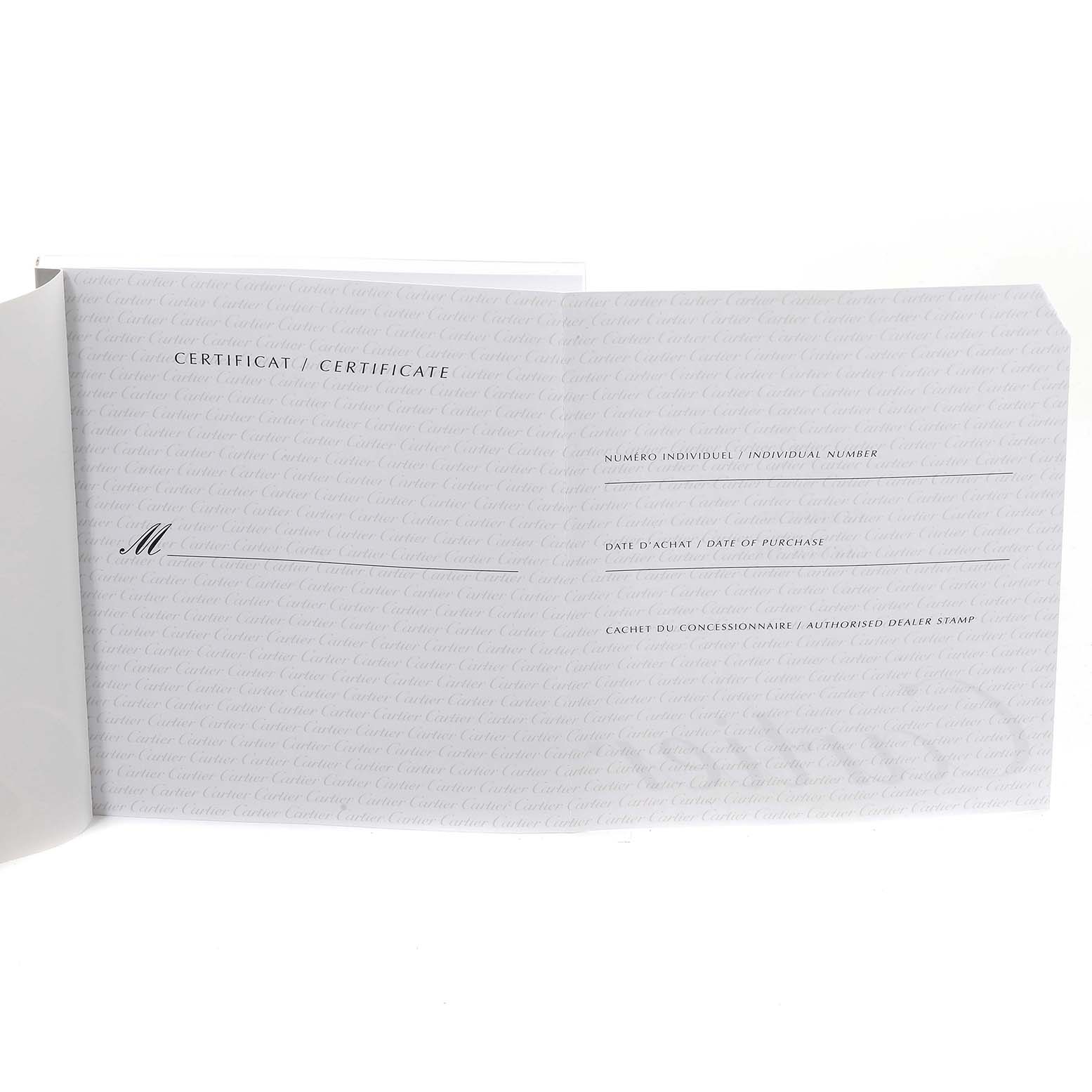 This image shows a blank certificate of authenticity and warranty for the Cartier Pasha W31055M7 Men's Stainless Steel White Dial W31055M7 Men's Stainless Steel White Dial watch.