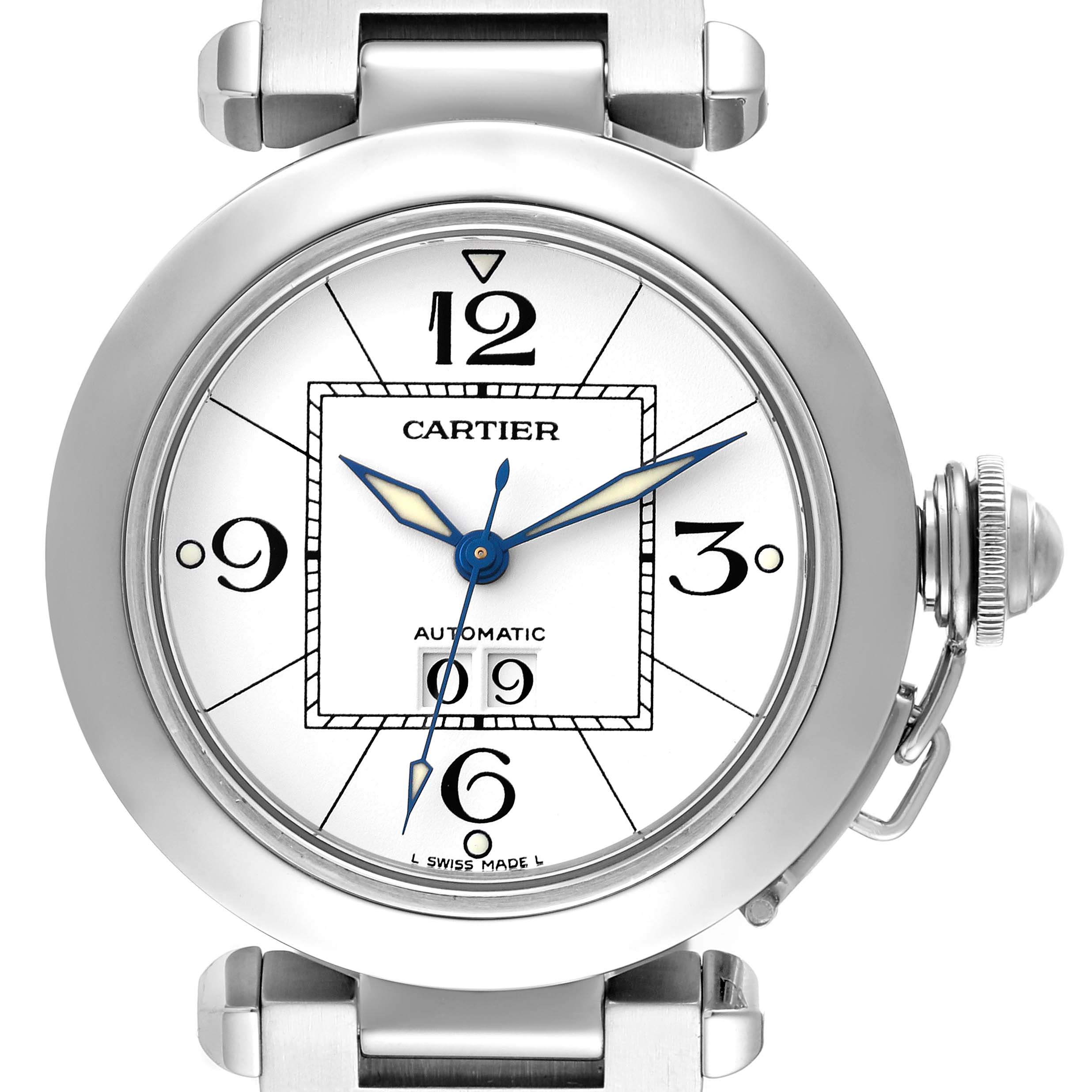 The image shows a front view of the Cartier Pasha W31055M7 Men's Stainless Steel White Dial W31055M7 Men's Stainless Steel White Dial watch, highlighting the dial, hands, and bezel.