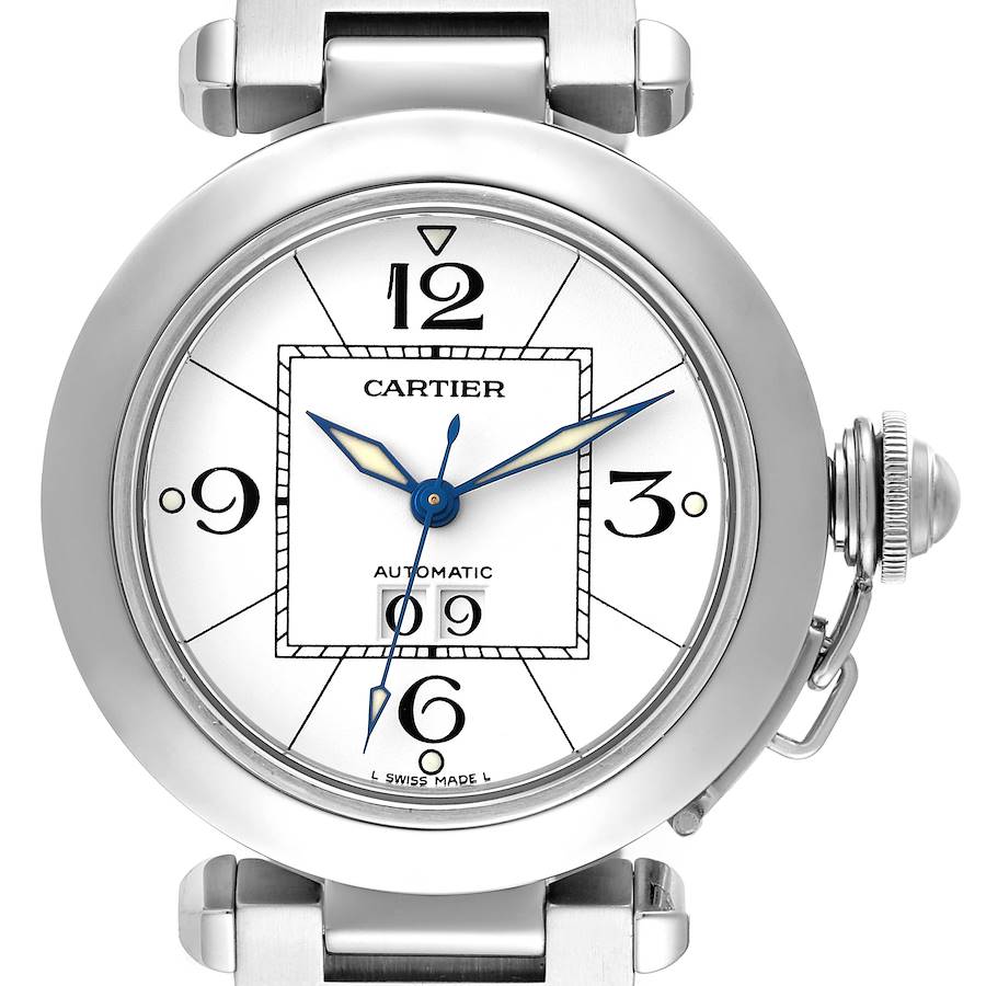 Cartier Pasha C Big Date Midsize Steel White Dial Mens Watch W31055M7 Box Papers SwissWatchExpo