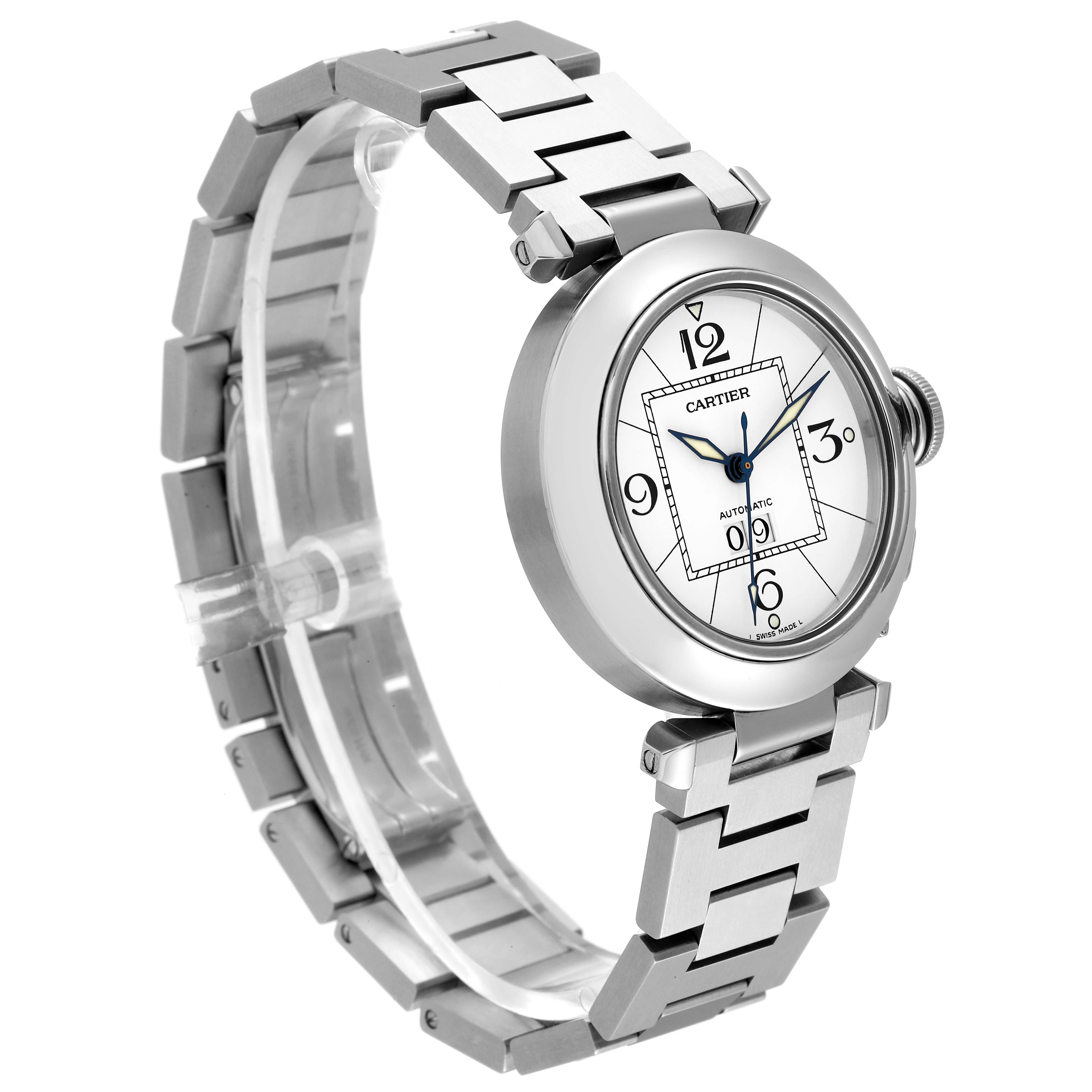 The image shows the Cartier Pasha W31055M7 Men's Stainless Steel White Dial W31055M7 Men's Stainless Steel White Dial watch from a side angle, detailing its face, bezel, crown, and metal band.