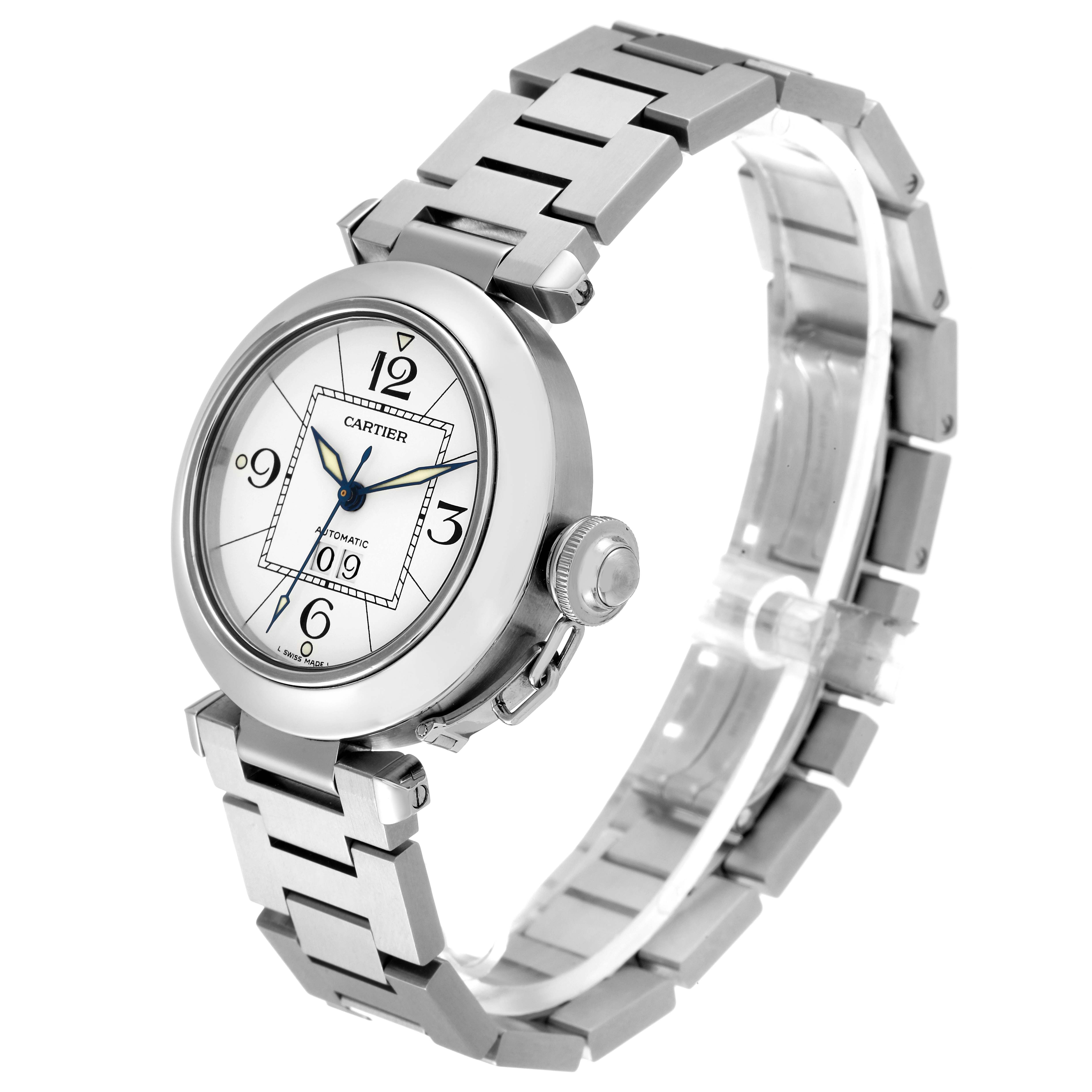 The Cartier Pasha W31055M7 Men's Stainless Steel White Dial W31055M7 Men's Stainless Steel White Dial watch is shown from a three-quarter angle displaying its face, crown, and metal bracelet.