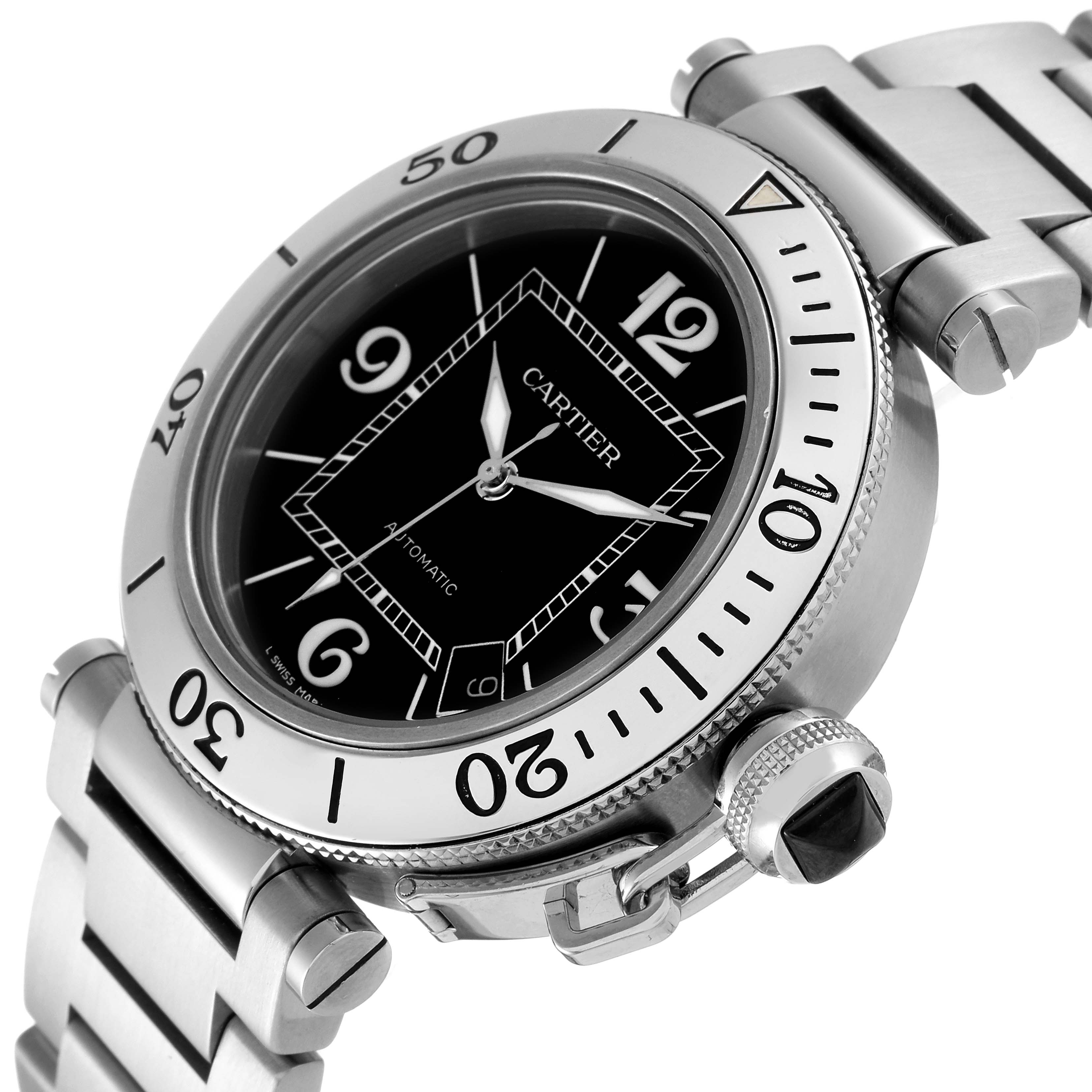 The image shows a side angle of the Cartier Pasha W31077M7 Men
s Stainless Steel Black Dial W31077M7 Men
s Stainless Steel Black Dial watch, highlighting the face, bezel, and part of the bracelet.
