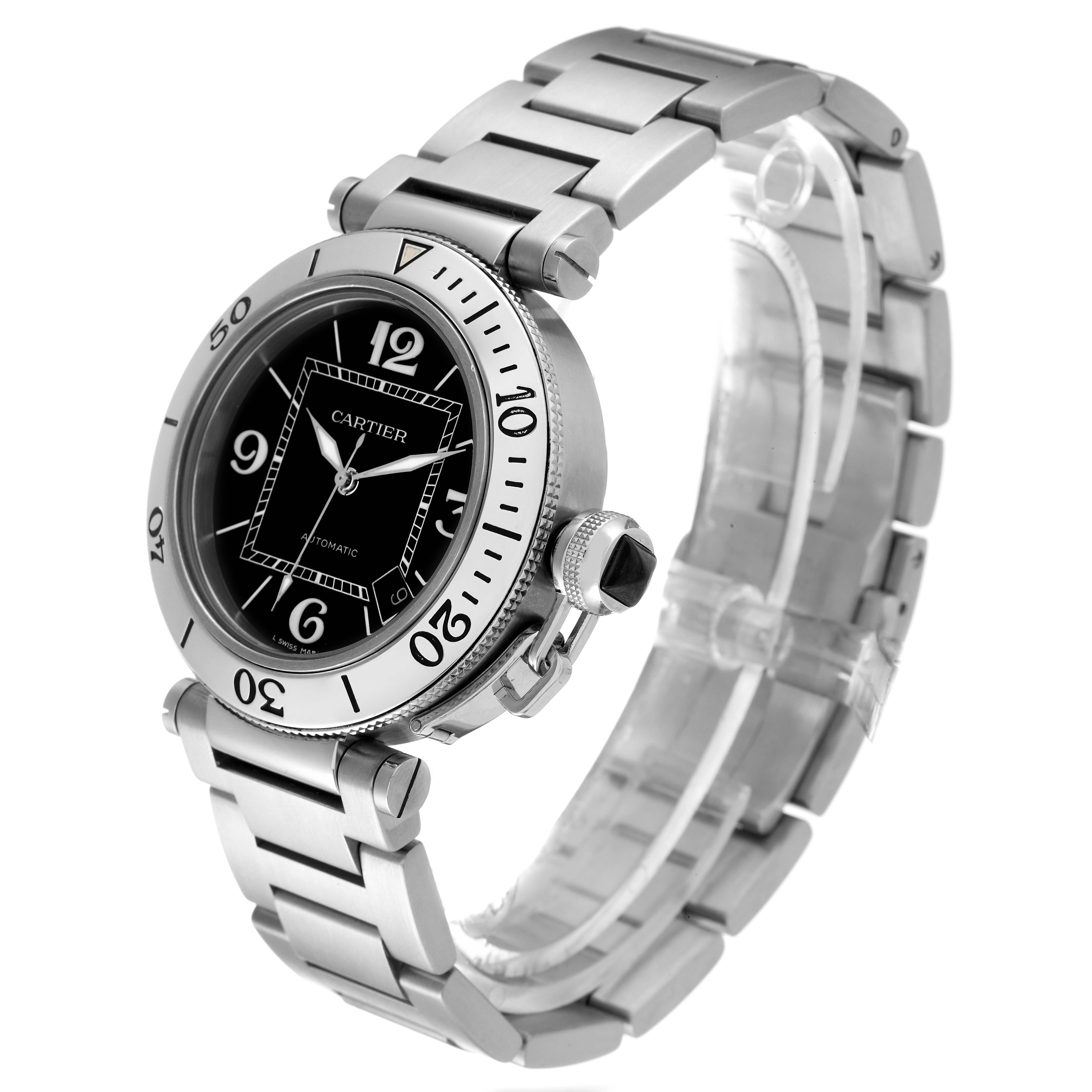 The Cartier Pasha W31077M7 Men
s Stainless Steel Black Dial W31077M7 Men
s Stainless Steel Black Dial watch is shown at an angle displaying its face, bezel, crown, and bracelet.